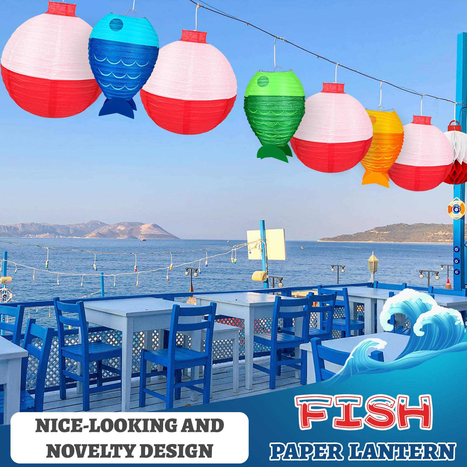 13Pcs Fishing Bobber Paper Lanterns Hanging Fish Shaped Lanterns Honeycomb Ball Decorations Red And White Paper Lanterns For Fis