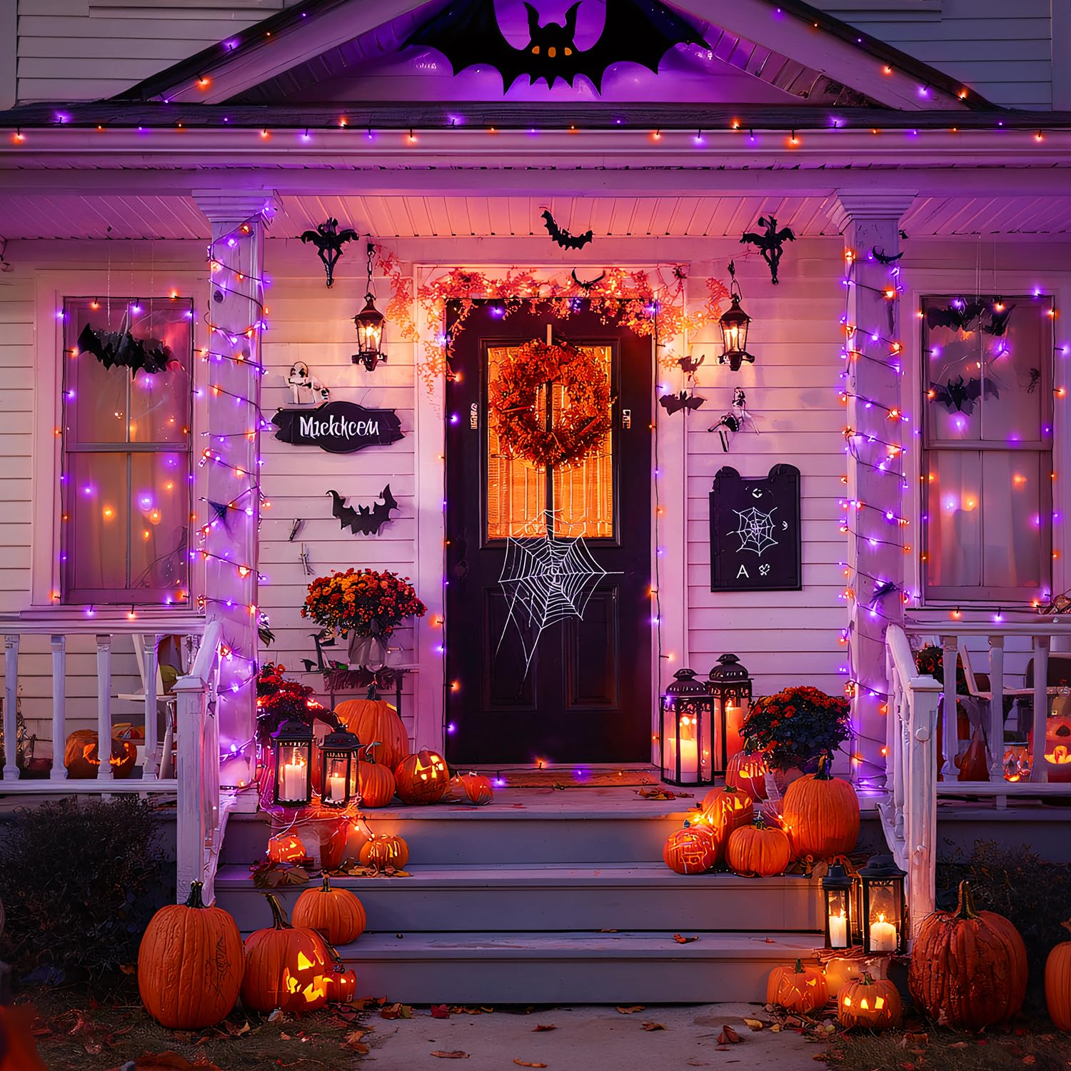 JMEXSUSS Solar Halloween Lights, 400 LED, 2 Pack, Waterproof, 8 Modes, Orange & Purple