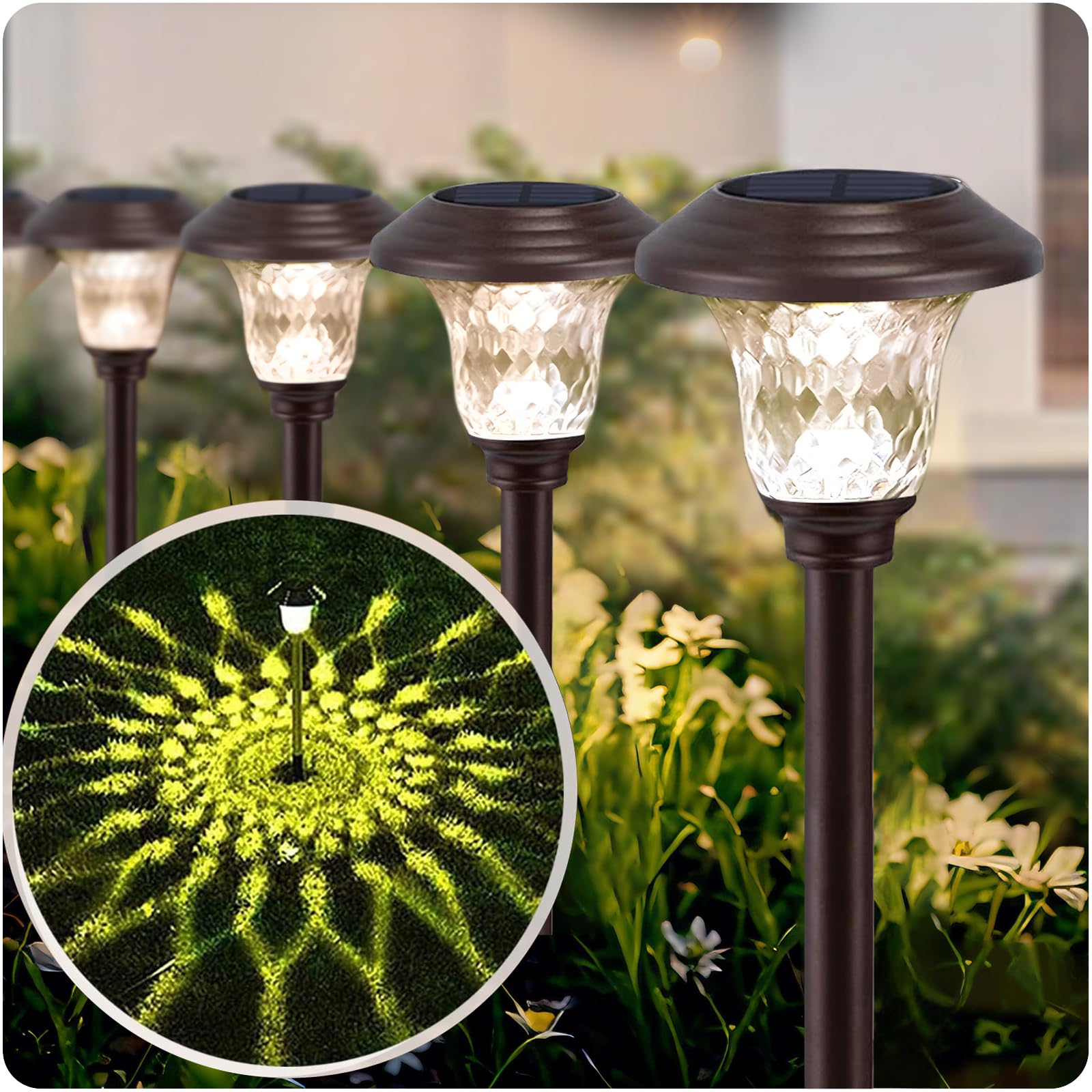 Beau Jardin 8 Pack Solar Pathway Lights Outdoor Metal Solar Powered Lights Waterproof Glass High Lumen for Garden Landscape Path