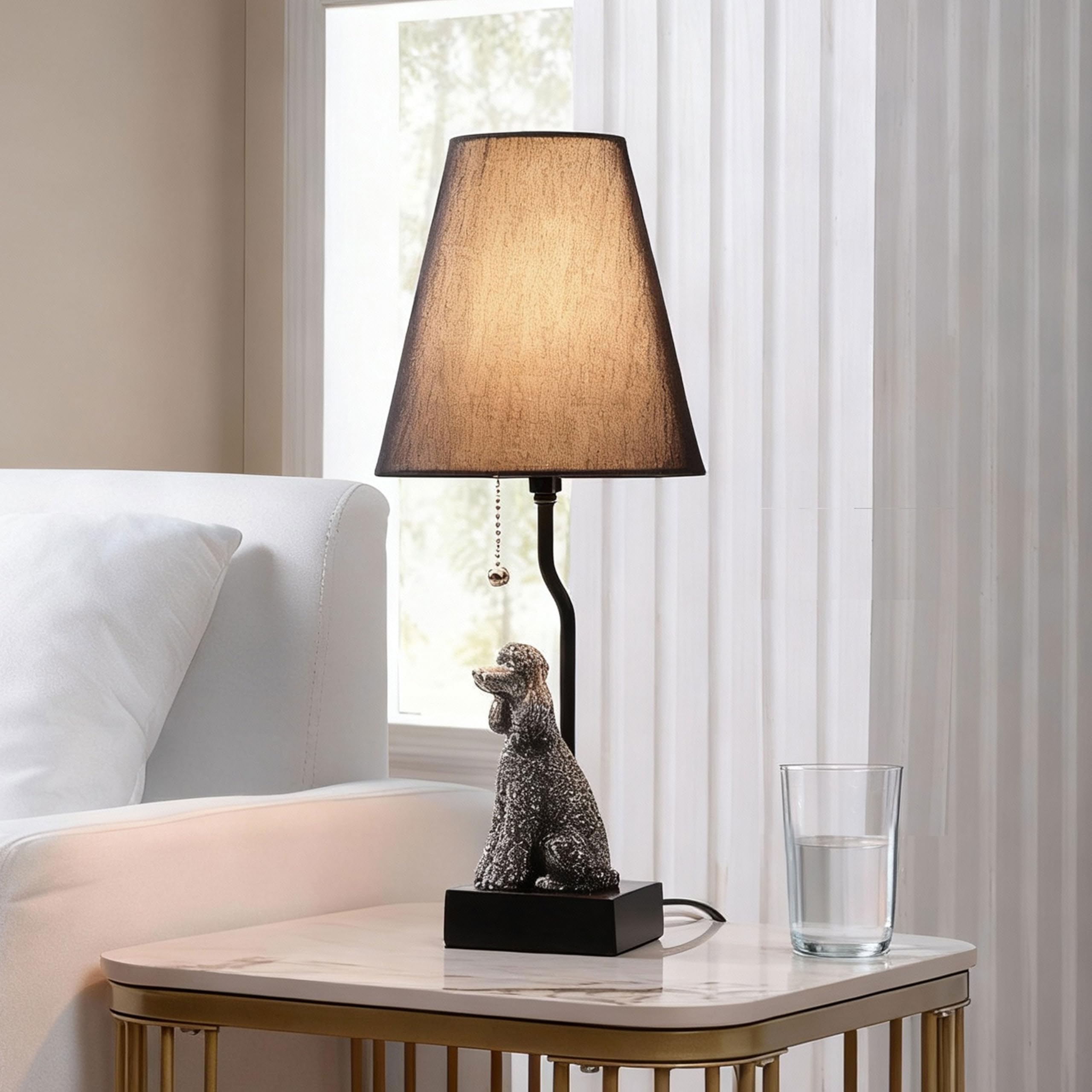 JJDQB Portable Poodle Table Lamp with USB-C & USB-A Charging Ports, Black Fabric Shade & Dog Figurine Base, Nightstand/Bedside L