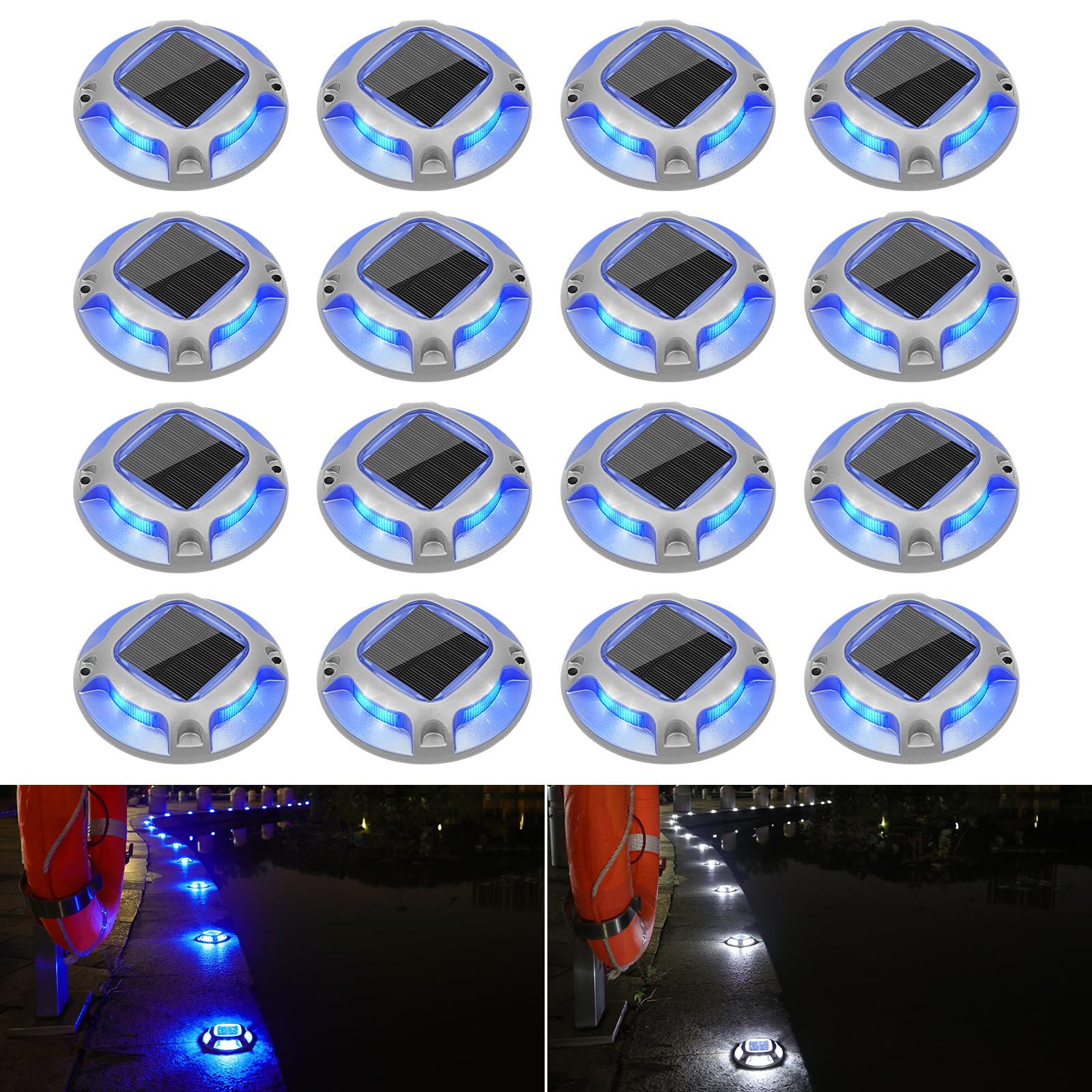 VOLISUN Solar Driveway Lights Dock Marine Lights 16 Pack,2 Colors in 1,Outdoor LED Deck Lights,Solar Powered Waterproof Warning 