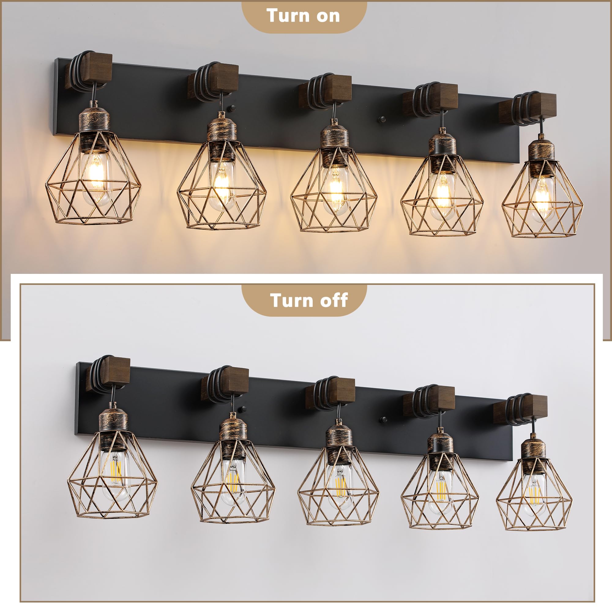 Maesta 5-Light Farmhouse Bathroom Vanity Light, Rustic Black Gold Metal Sconces for Living Room, Bedroom, Hallway