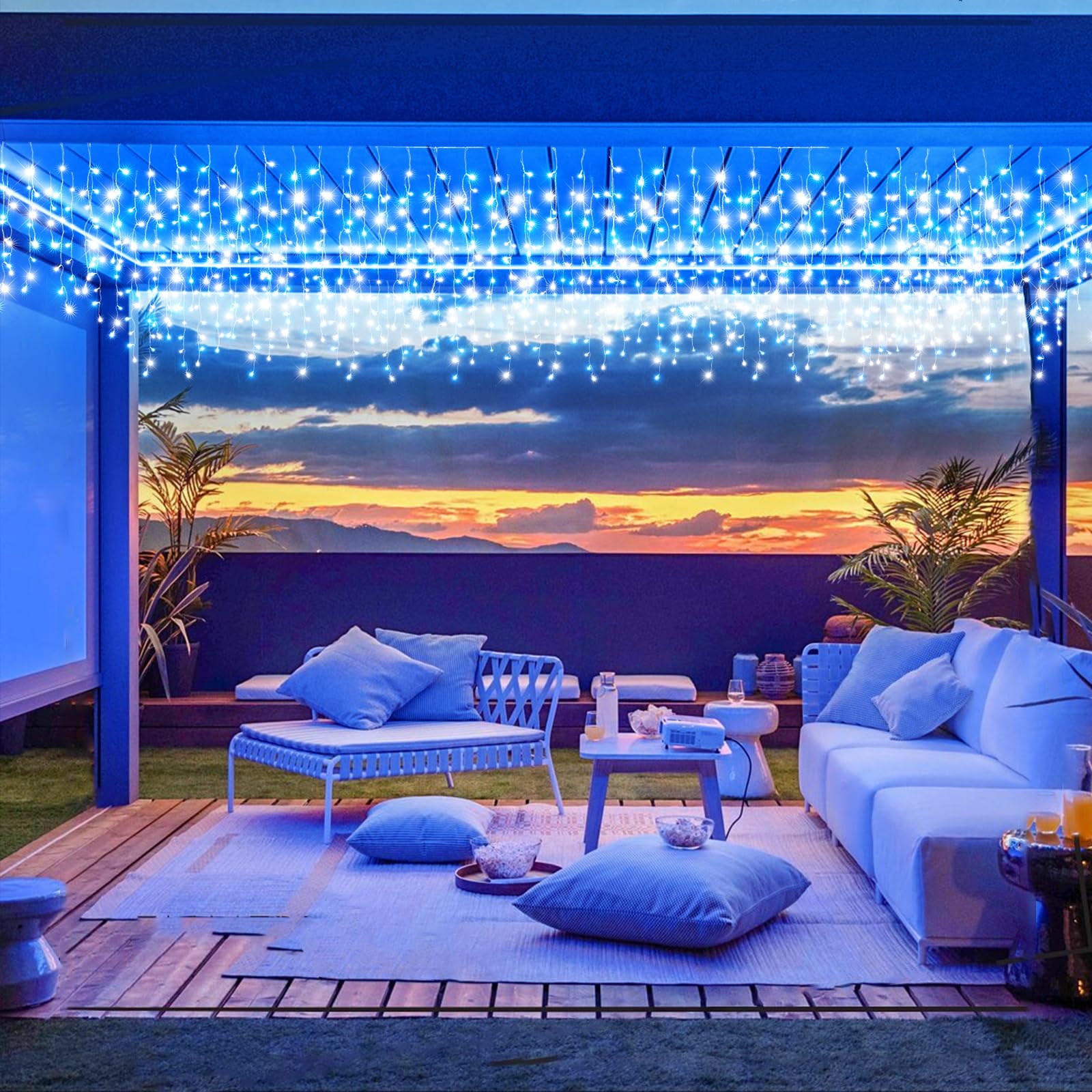 132Ft Icicle Lights For Outside  Blue And White Christmas Lights Outdoor Indoor  1280 Led Twinkle String Light With 240 Drops Curtain Light For Thanksgiving Room Home Wall Bedroom Window Decoration