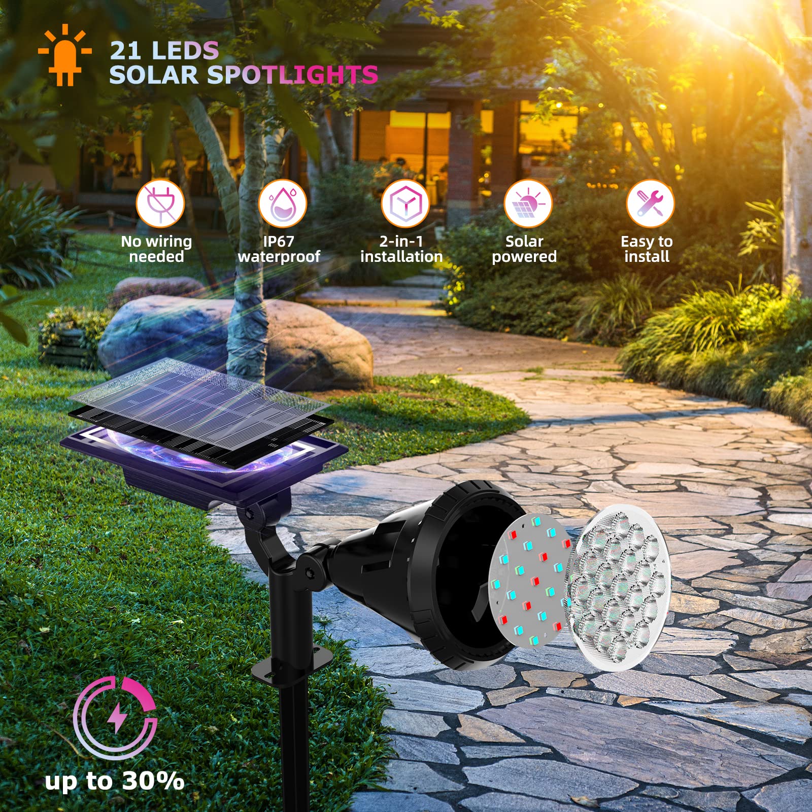 Xtgtp Solar Color Changing Spot Lights, 21 Leds, Ip67 Waterproof, 2 Pack For Garden & Yard