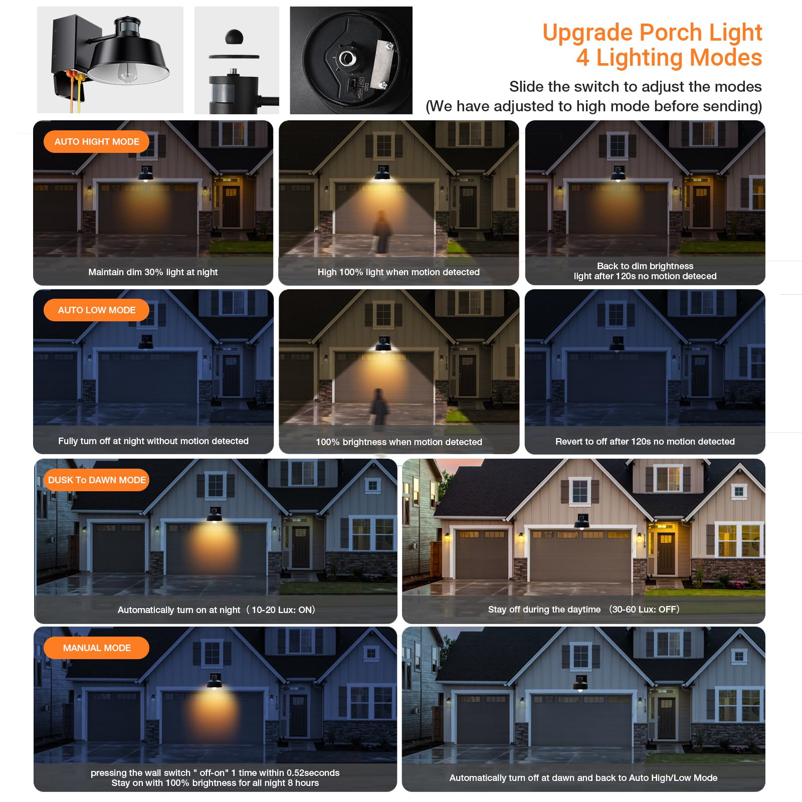 Ehaho Porch Lights With Outlet, Dusk To Dawn Motion Sensor Outdoor Light With Outlet Built-In, Waterproof Anti-Rust Lantern Outside Light With Gfci Outlet, Wall Sconce Light With Plug For Front Door