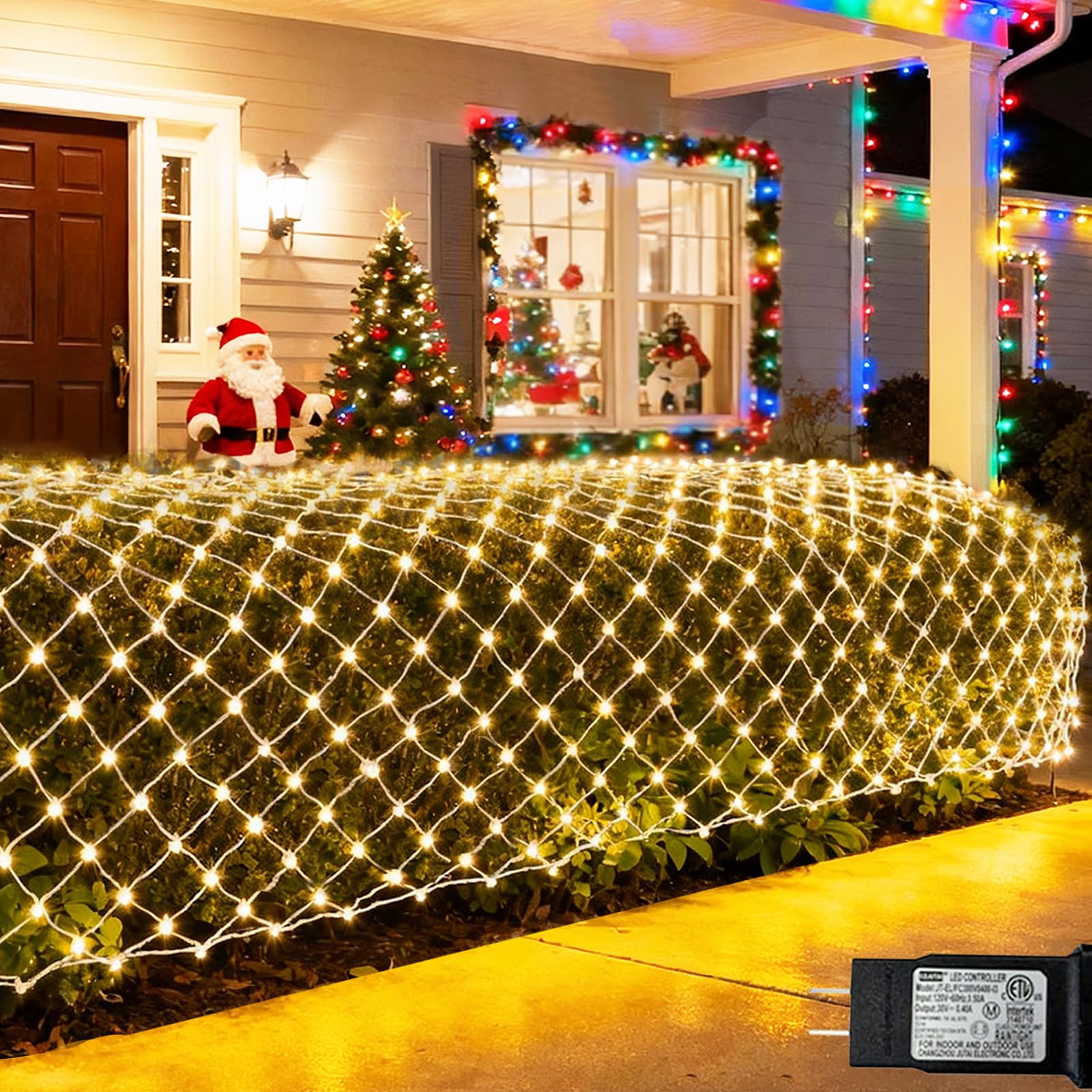 Warm White Net Lights Outdoor  300 LED Christmas Net Mesh Lights for Bushes 15x5ft  8 Modes Waterproof Twinkle String Light Connectable Plug in for Christmas Hedge Yard Garden Party Decor
