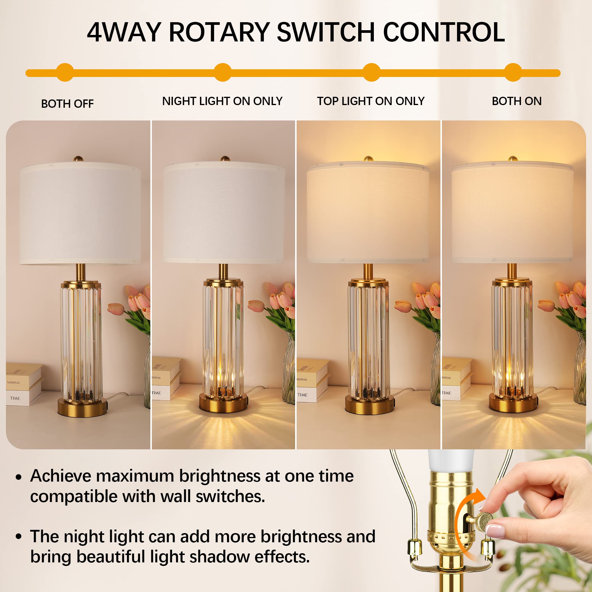 QiMH Gold Table Lamps Set of 2 with USB Charging Ports, Modern Nightstand Light, Brushed Gold, LED Bulbs Included