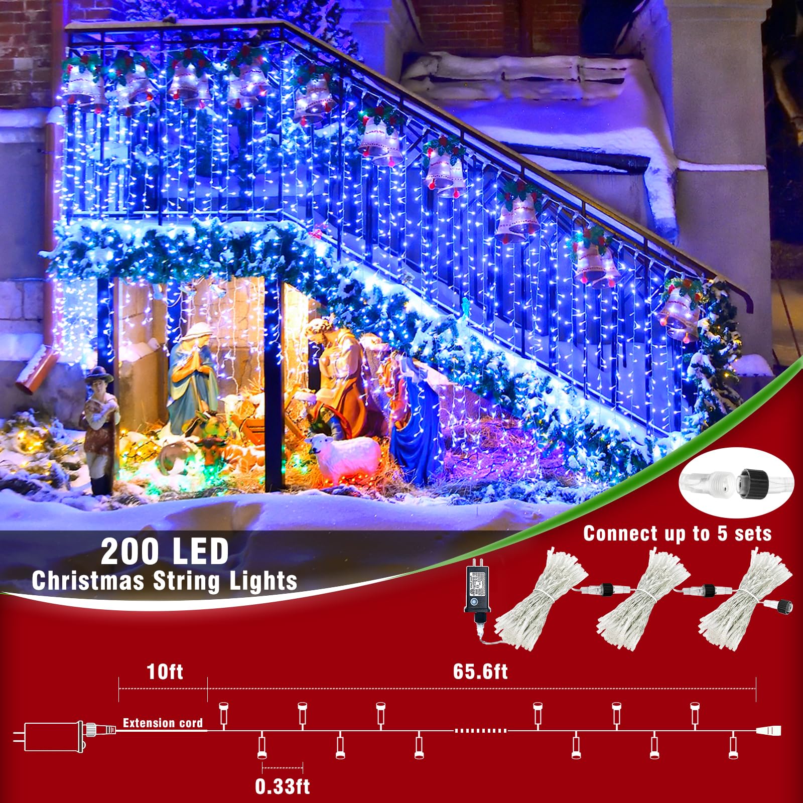66Ft 200 Led Christmas Lights Outdoor - 8 Modes Christmas String Lights Clear Wire With Time Memory, Waterproof Plug In Fairy St