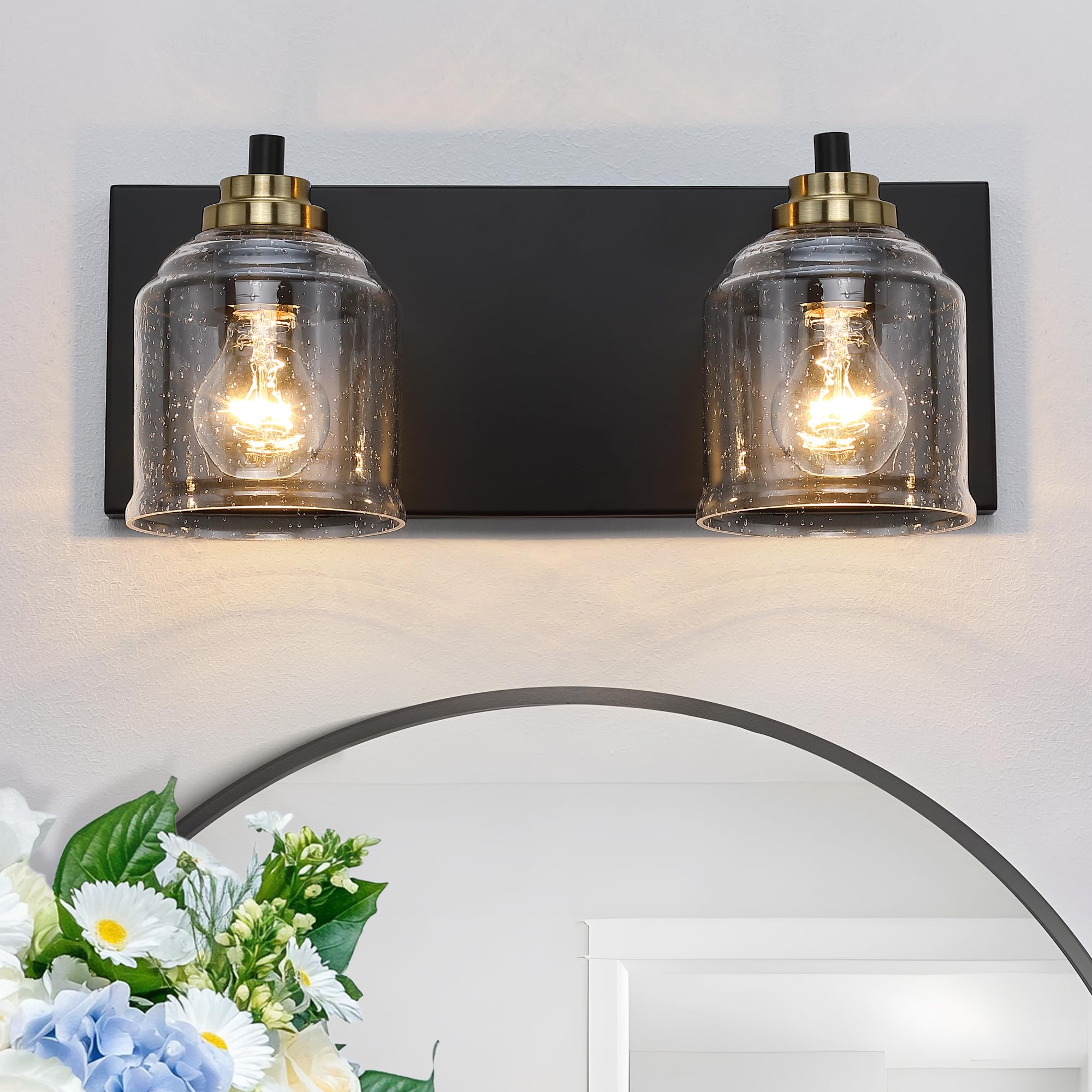 YKLITG Vanity Light Fixture, 2-Light, Black and Gold, Bubble Glass Shades, Farmhouse Rustic Design, Model BD005 S, 15.8in Size