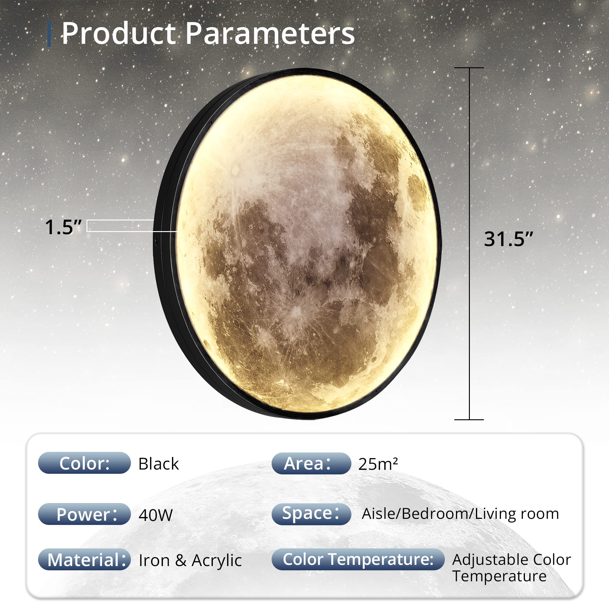 LEDIARY Dimmable Moon Wall Light 31.5 Inch Metal Black Indoor Wall Lamp with Remote Control