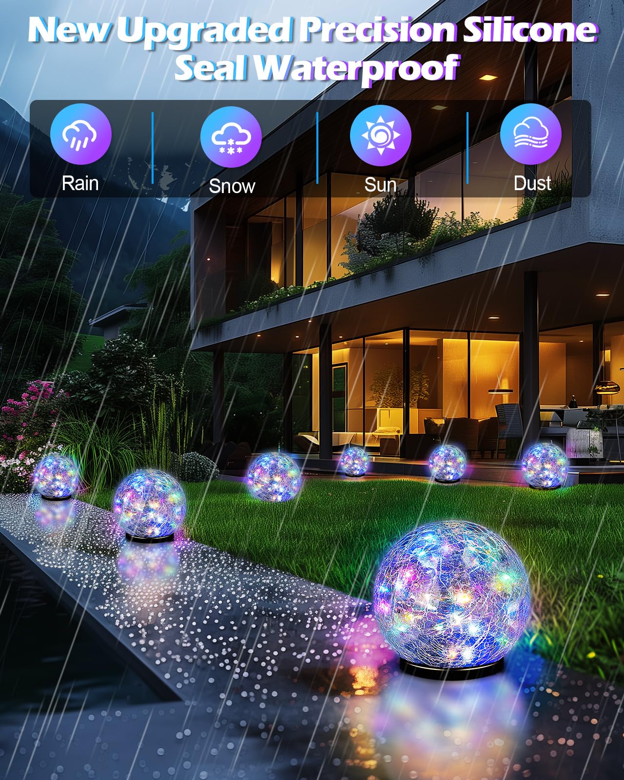 Garden Solar Ball Lights Outdoor Waterproof, 30 Led Cracked Glass Globe Solar Power Ground Lights For Path Yard Patio Lawn, Chri