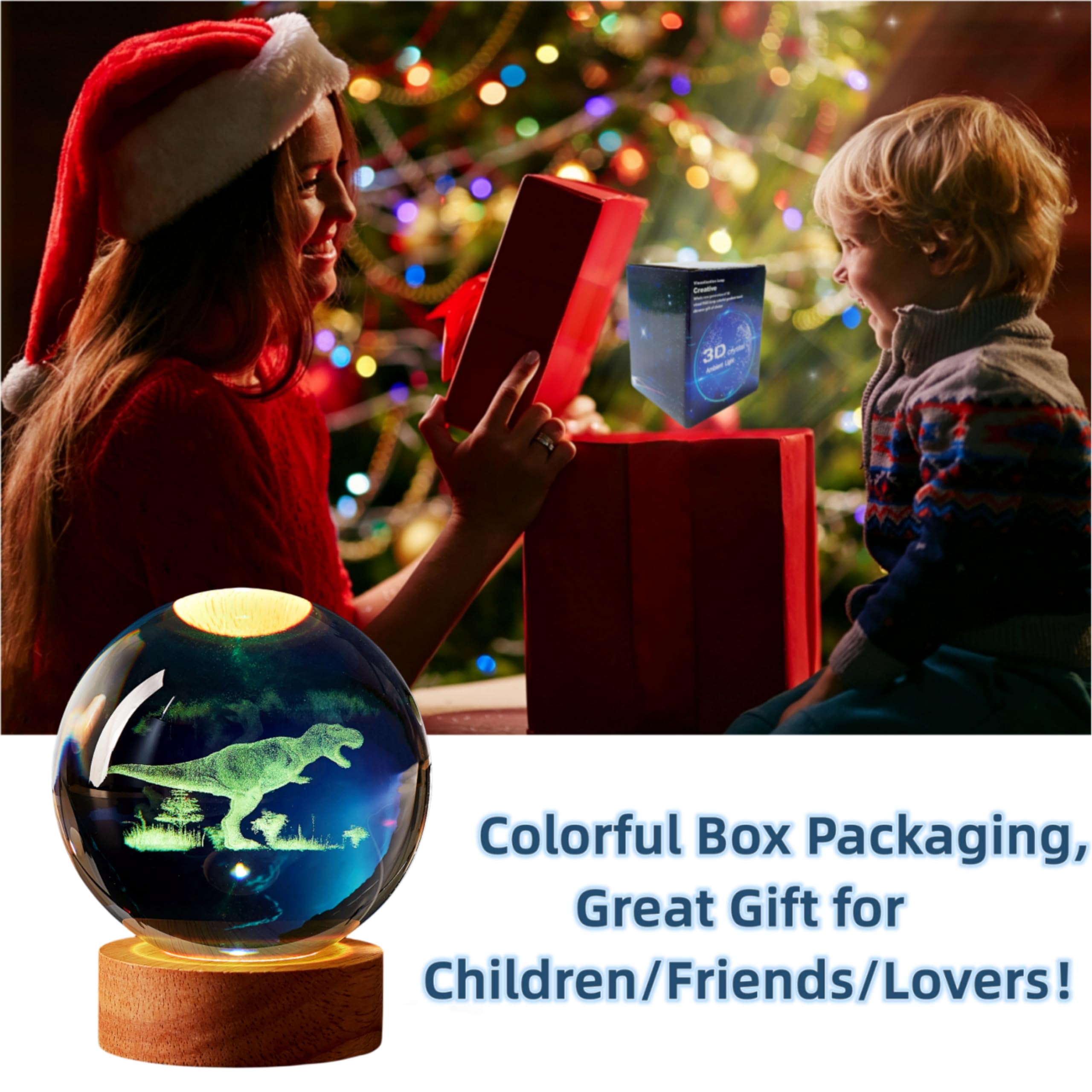 Digfpwt Dinosaur Crystal Ball Lamp, 3D K9 T-Rex, 3.15In Usb Powered, 16 Colors Change, Remote Control, Night Light With Wooden B