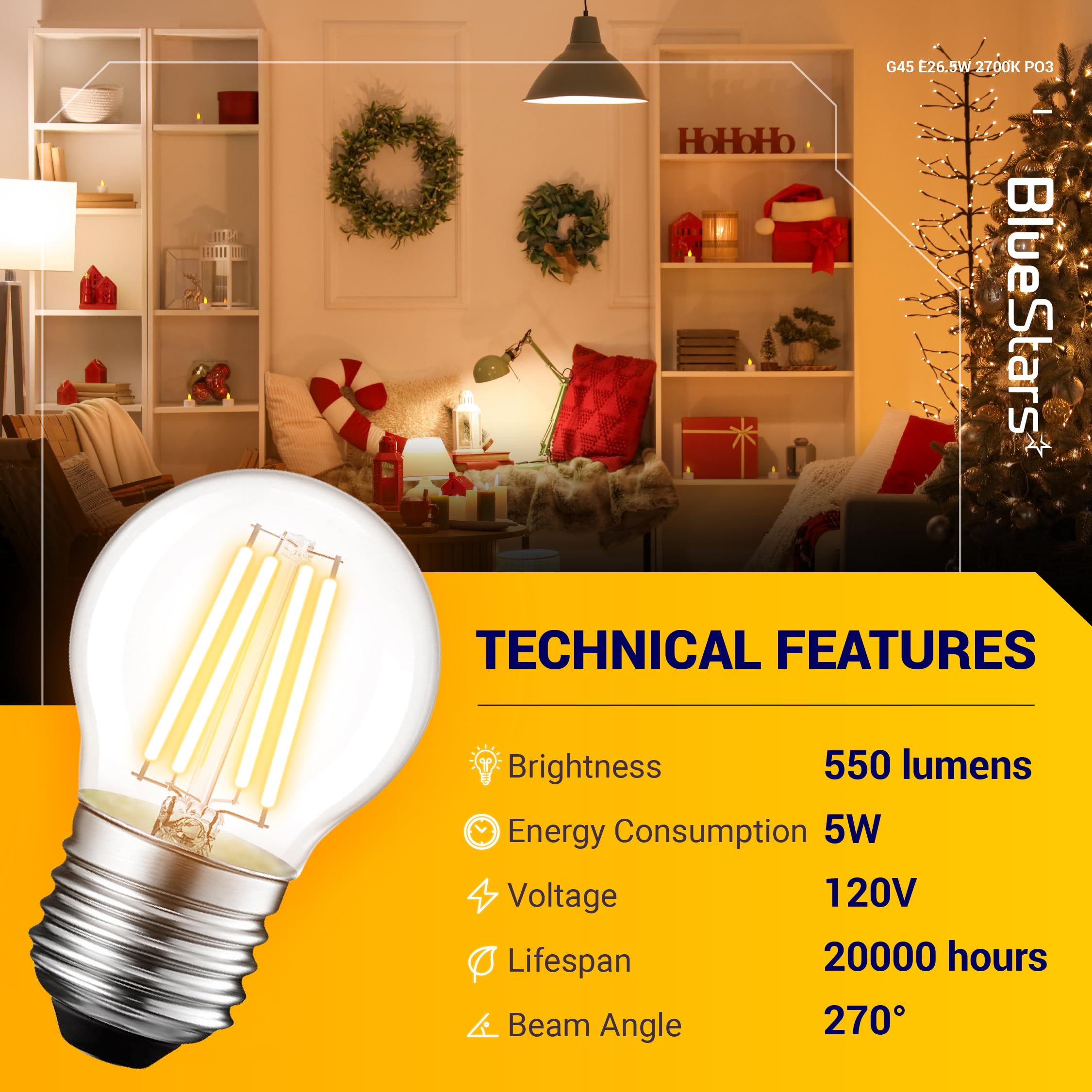 BlueStars G45 E26 Edison LED Globe Bulb, 5W (60W Equivalent), 2700K Warm White, 550lm, 3 Pack