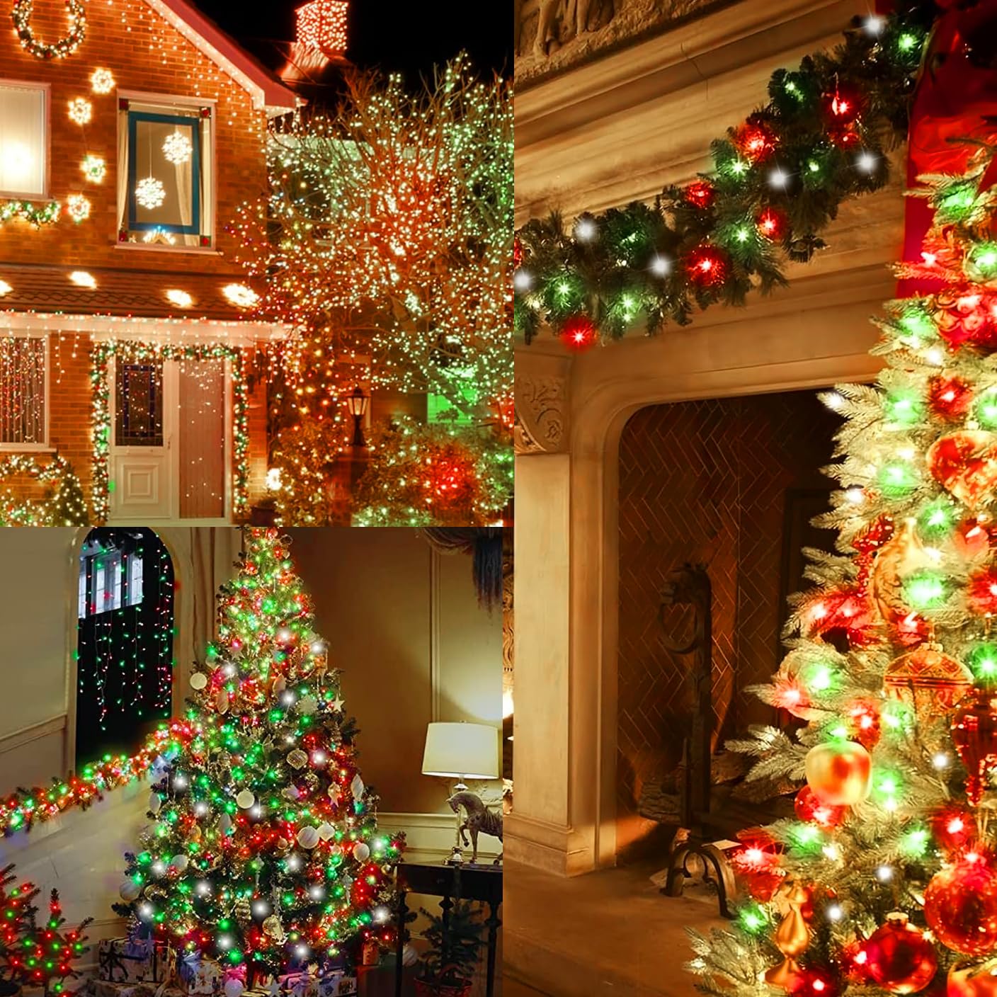 Curyidy Christmas Lights 400LED String Lights, Battery Operated, Remote Control, 4 Pack, Red White Green