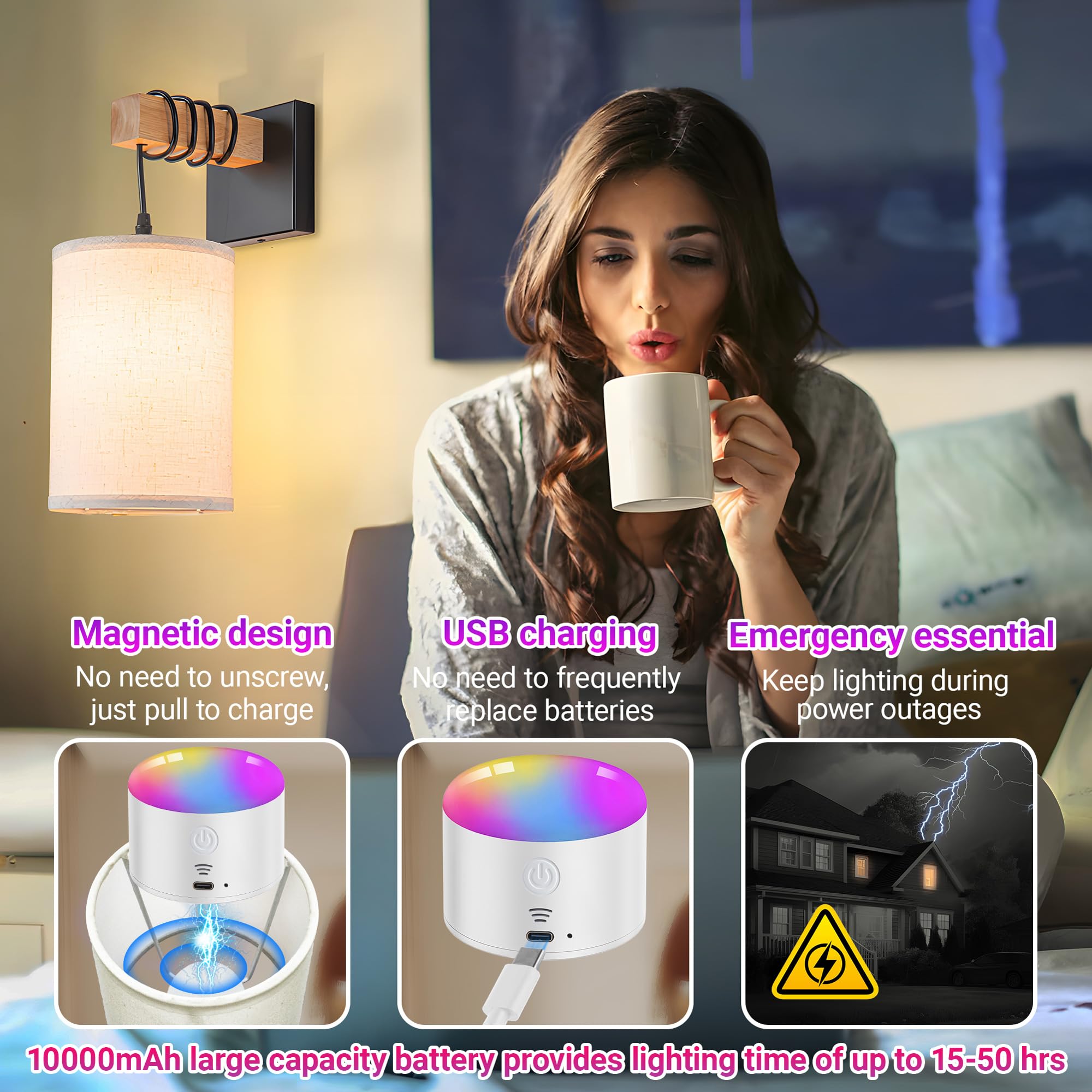 YHCDLAMP Battery Operated Wall Sconce Set of Two, Dimmable Wireless Indoor Light with RGB Bulb, Remote Control, White