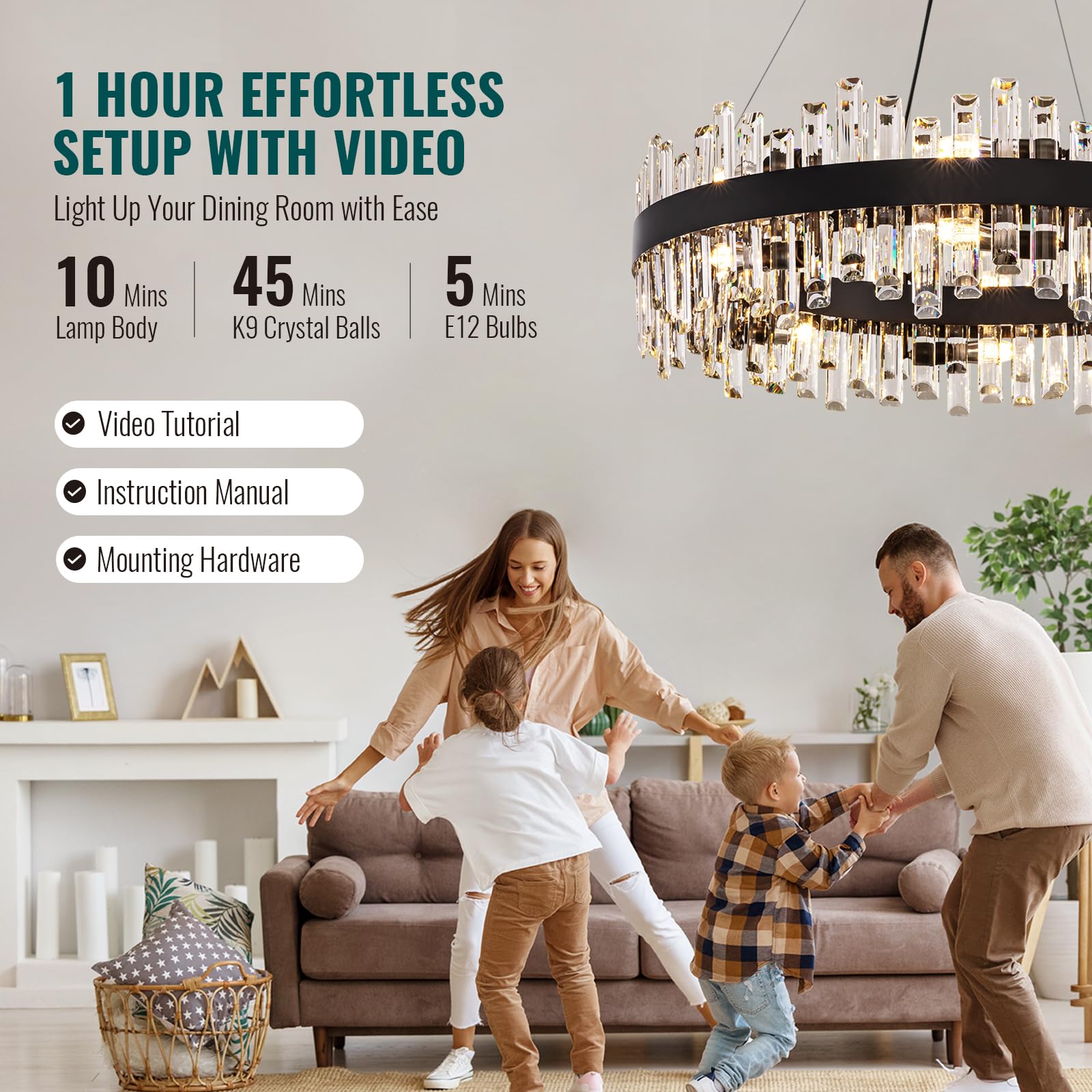 Siljoy Modern Black Crystal Chandelier 16 Lights Industrial Round 2-Tiers K9 Crystal Raindrop Chandelier Farmhouse Flush Mount P