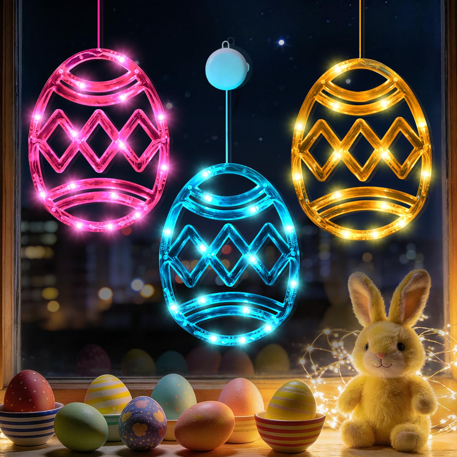 LYUBASA 3 Pack Easter Window Lights Decorations with Timer, Battery Powered Hanging Pink Yellow Blue Lighted Egg Shaped Sucker L