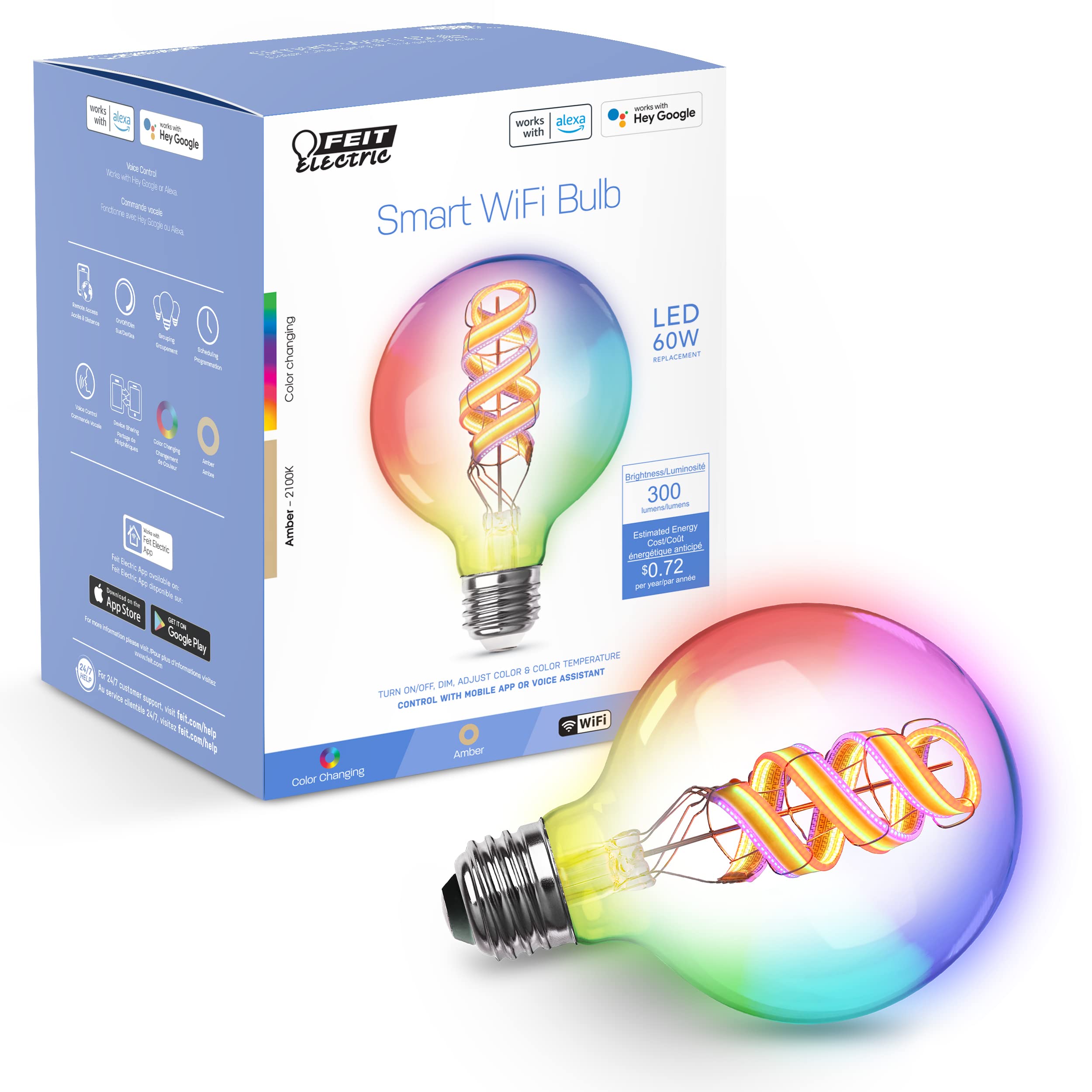 Feit Electric Smart Filament Globe Bulb, WiFi Dimmable, G30, RGBW, 1 Count, Model G3060/RGBW/FIL/AG