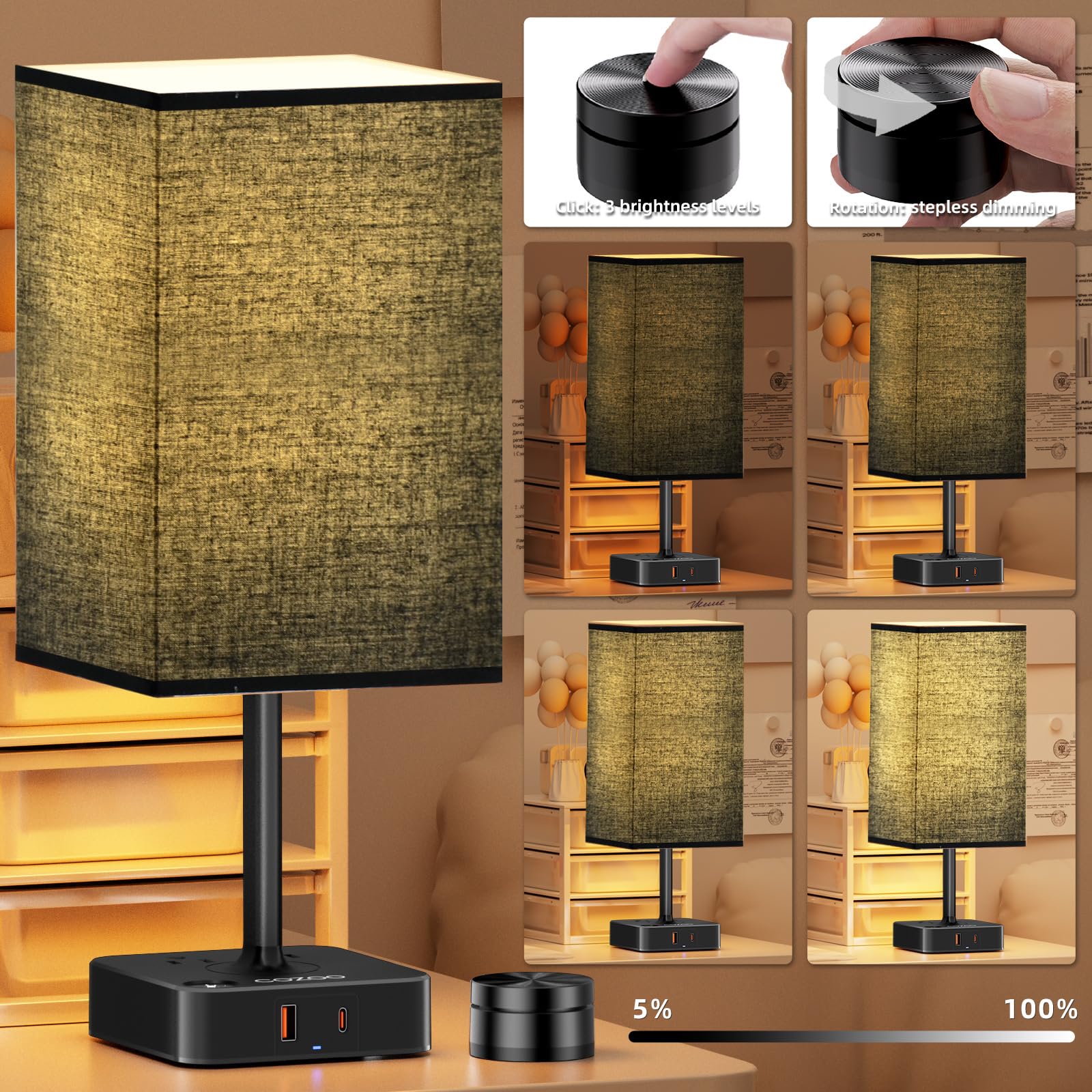 Cozoo Table Lamp with Remote Control, Dimmable, USB Charging, 2 AC Outlets, Standard Size, Black Shade, Model MC018S