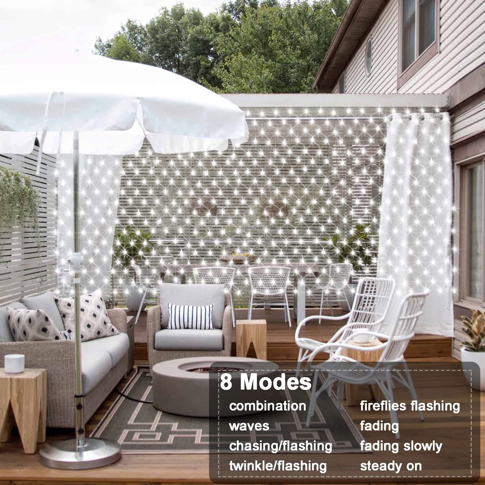 Garden Net Lights Waterproof Battery Operated With Remote, 8 Lighting Modes, Timer, Dimmable, White Net Mesh Fairy Lights String