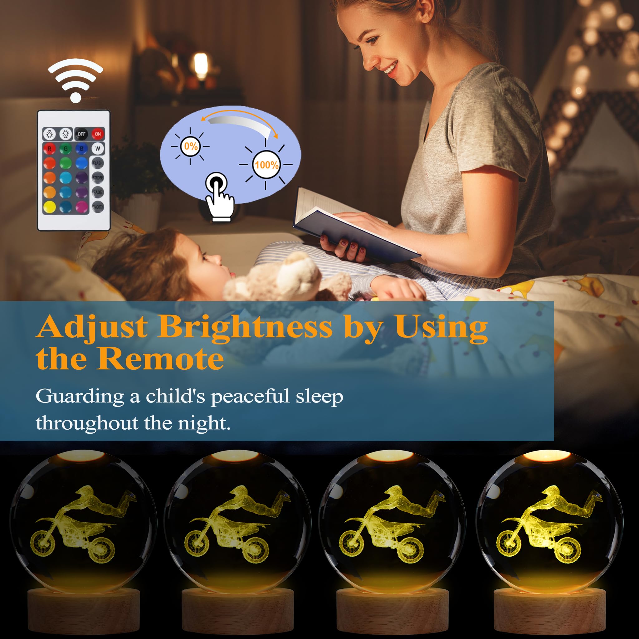 Posshe Dirtbike Night Light, Dirtbike Gifts, 3D Crystal Ball Dirtbike Lamp With Remote Upgraded 3.15 Inch With 16 Color For Birt
