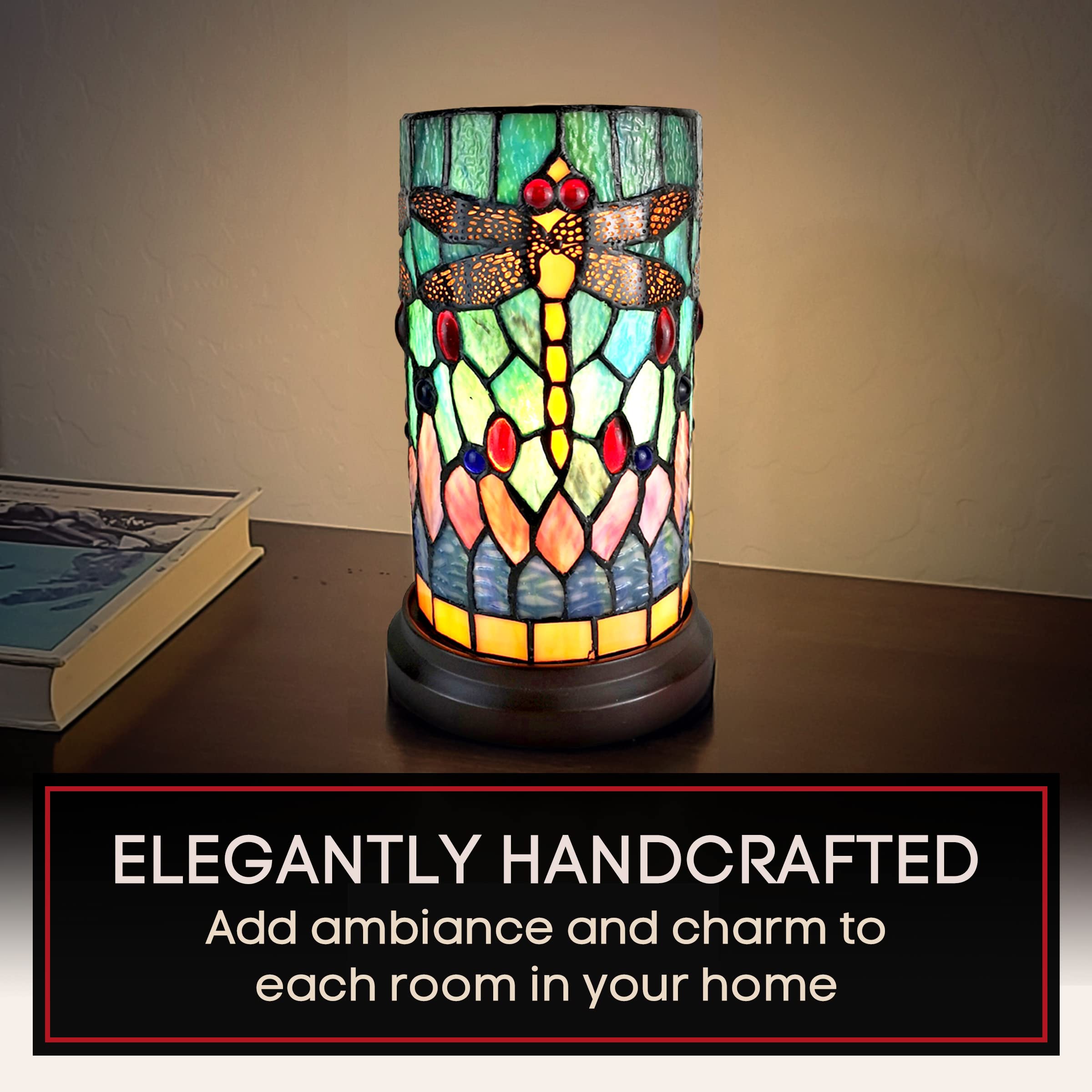 Amora Tiffany Dragonfly Lamp - 11” Vintage Decorative Desk Lamp With Mosaic Shade - Multicolor