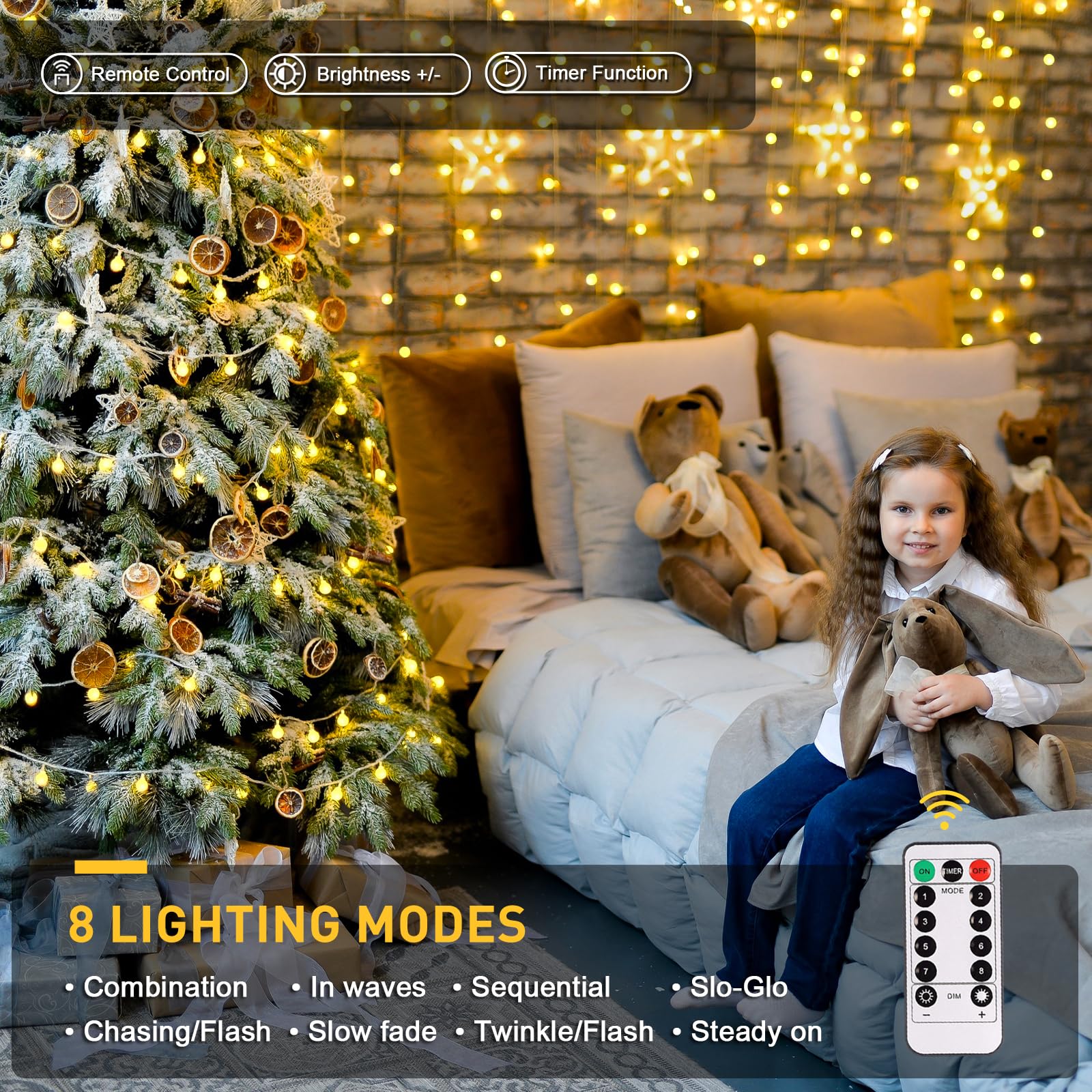 JMEXSUSS 100 LED Globe String Lights, Warm White, Battery Operated, Waterproof, 33FT with Remote for Indoor/Outdoor Decor