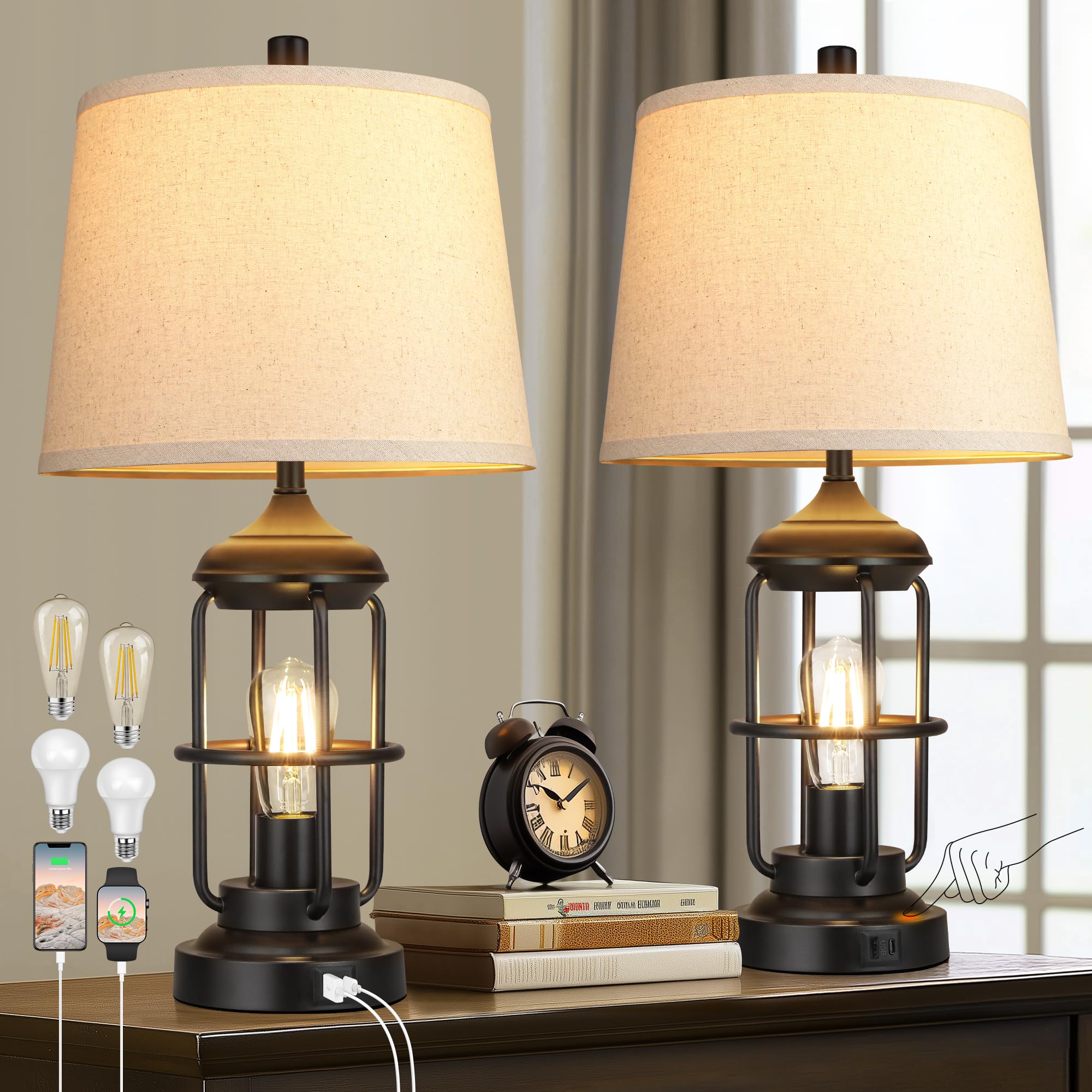 Qimh Table Lamp For Bedroom Set Of 2 With Usb A+C Ports, Farmhouse Bedside Lamp With Night Light, 3-Way Dimmable Touch Control, 