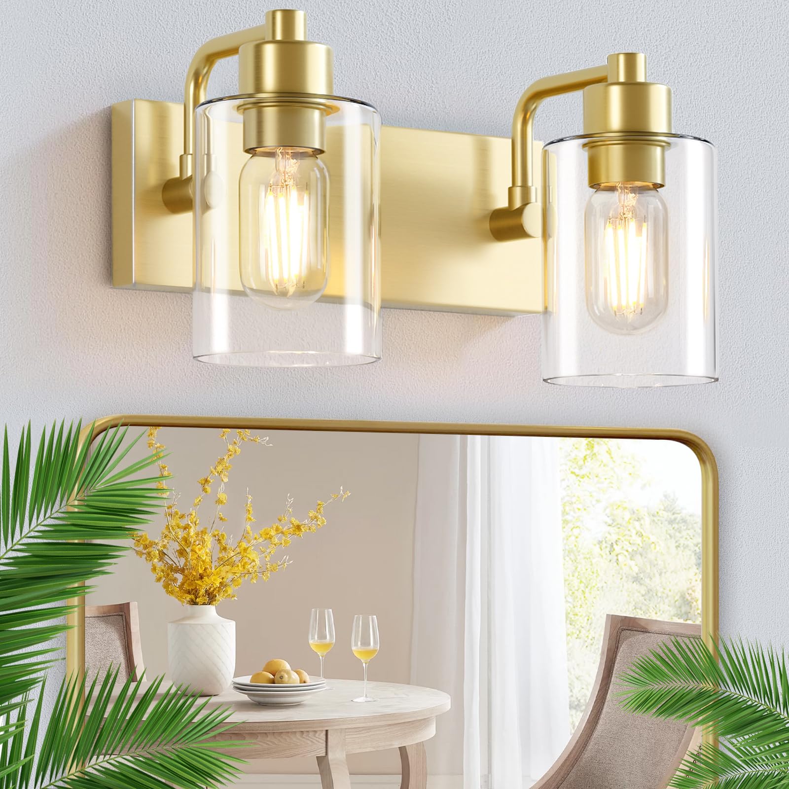 Dpyrrhic Gold Bathroom Light Fixtures 2-Light Bathroom Lights Over Mirror with Clear Glass Shade Gold Light Fxiture Wall Sconces for Kitchen Living Room Bedroom
