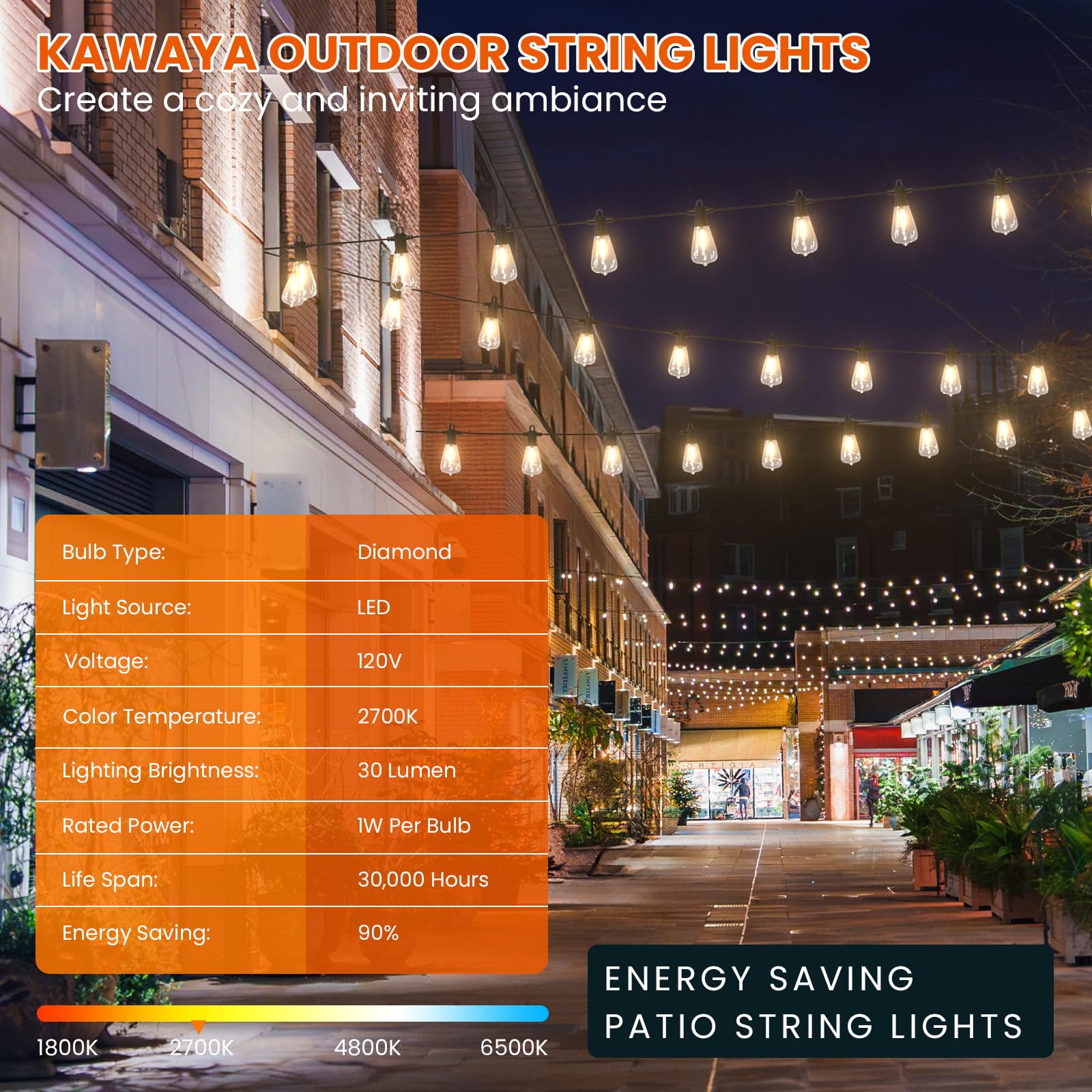 Kawaya 200Ft Patio String Lights: 100+4 Dimmable Waterproof Shatterproof Led Vintage String Lights Commercial Outdoor Lights For Porch Backyard Garden Bistro Outside Balcony Gazebo Party Cafe(100Ftx2)
