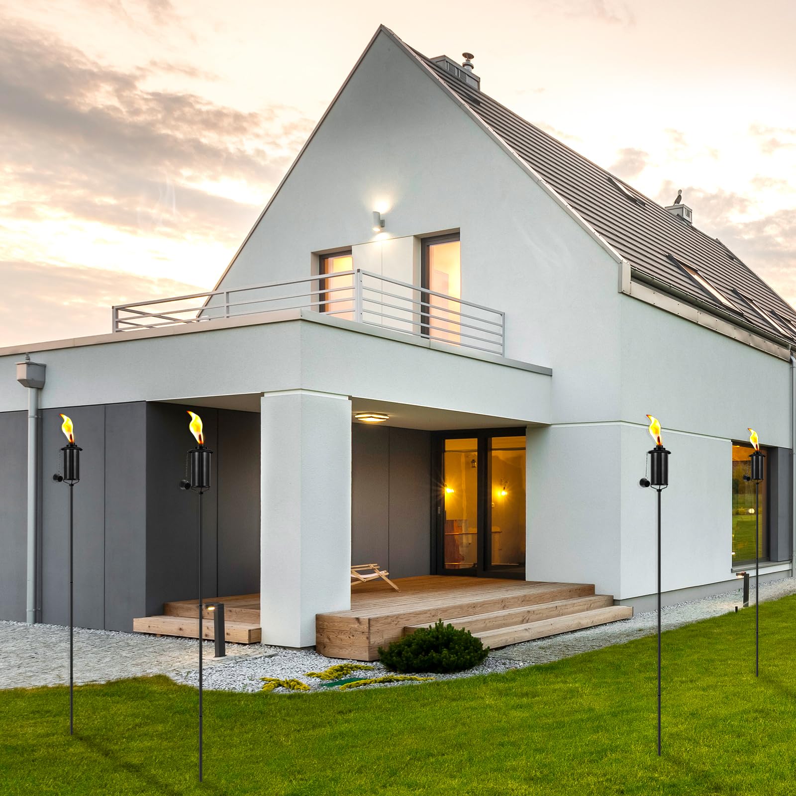 Snogswog 4 Pack Garden Torches, 16 Oz Metal Torch For Outside With 3-Prong Grounded Stake, Outdoor Decorative Citronella Torches