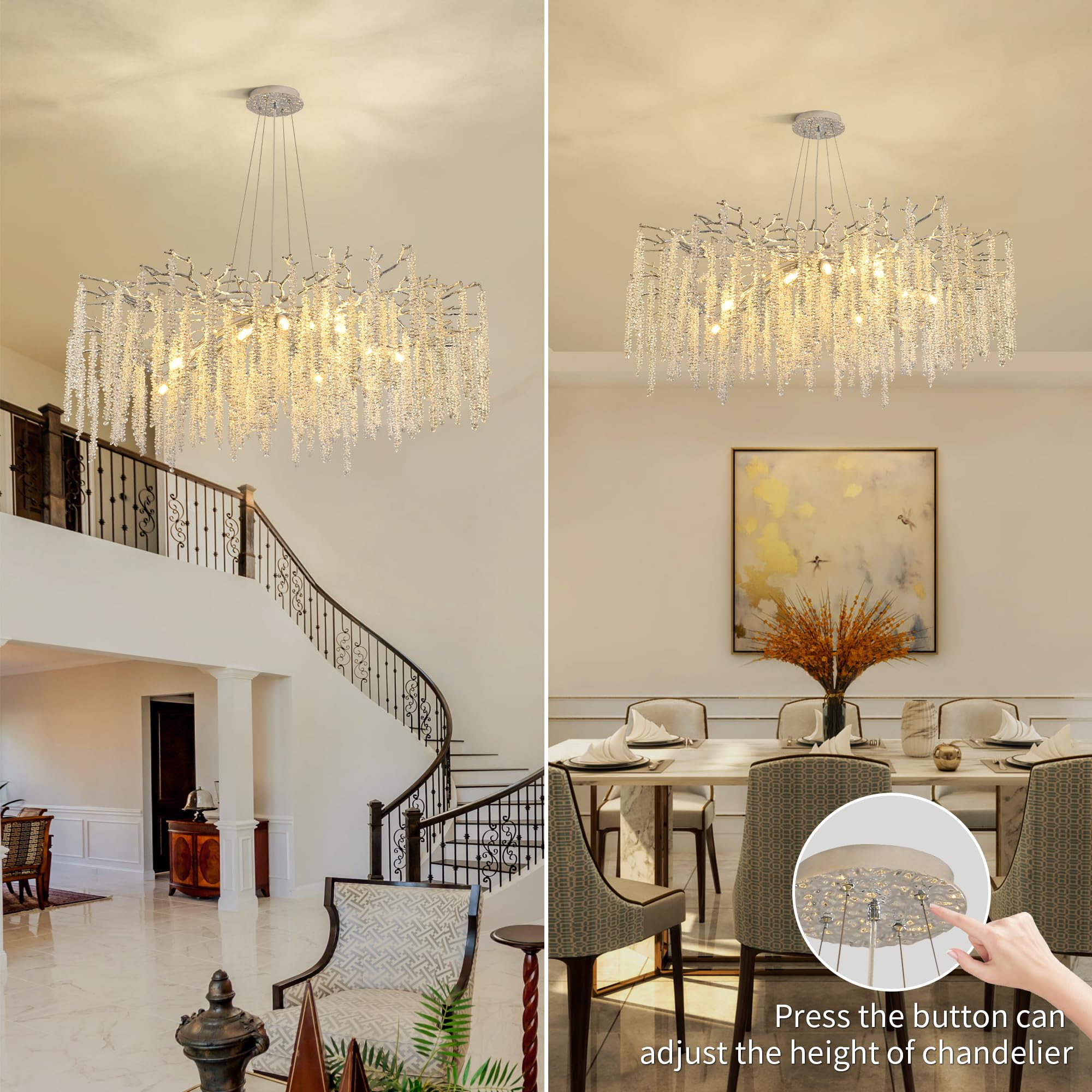 Upfelw Modern Crystal Tree Branch Chandeliers Chrome D47'', Round Art Deco Raindrop Lighting Fixture For Dining Room Living Room