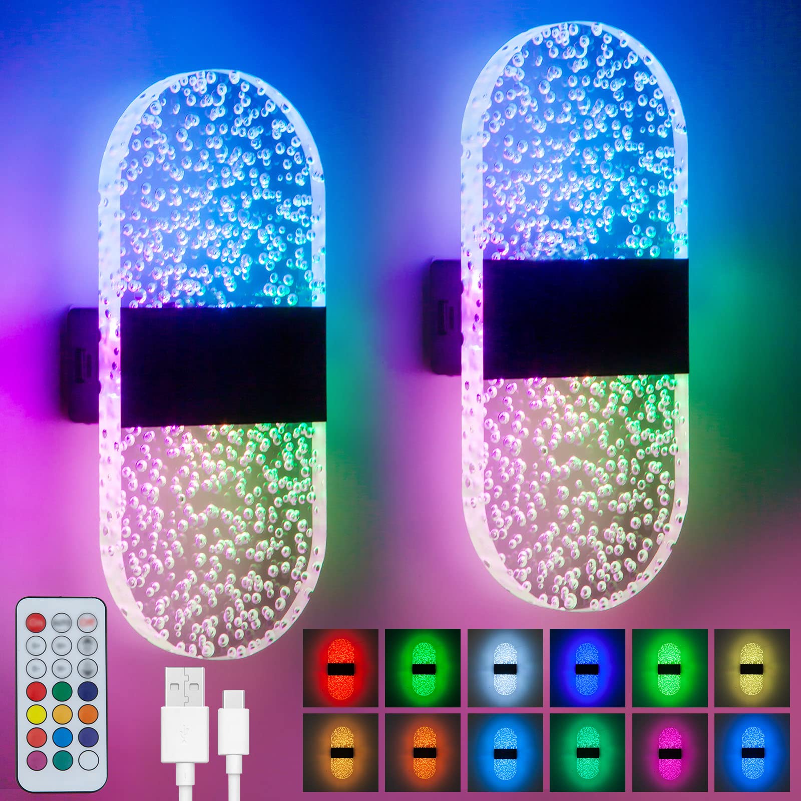 Surpalig 2 Led Lights For Room Decor, 12 Colors Switchable Rgb Wall Sconces Battery Operated, Remote Dimmable Night Light Rechar