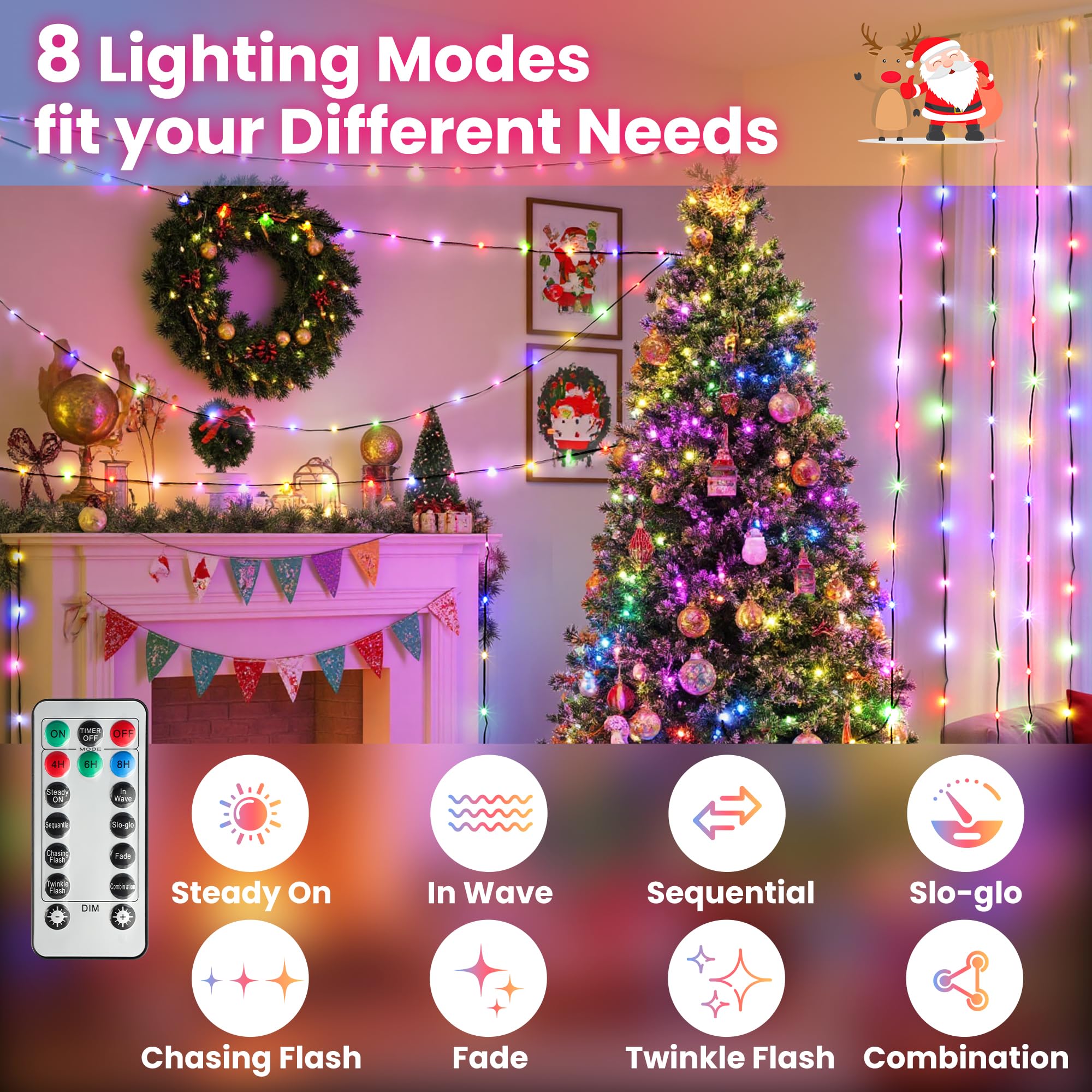 Larkvue Christmas Lights, 394FT, 1200 LEDs, Waterproof, Dimmable, 8 Modes, Remote Control, Multicolor, Model JT-EL/FC