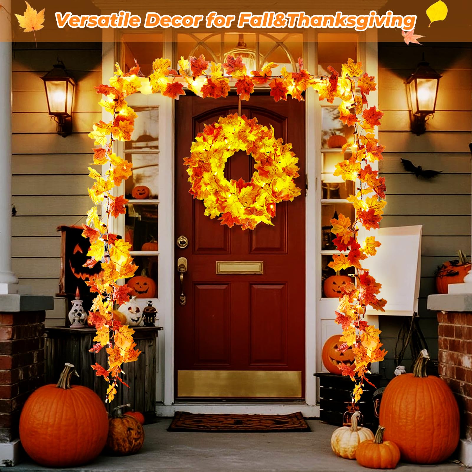 Wabarle Fall Garland with Lights, 10FT Orange Bulbs, Battery Operated, Plastic Leaves, Indoor/Outdoor Thanksgiving Decor