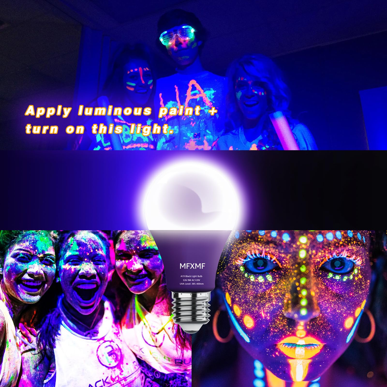 mfxmf 2 Pack A19 LED Black Light Bulbs,9W (100W Equivalent) E26 Base Dimmable Black Lights, UVA Level 385-400NM, Halloween Light