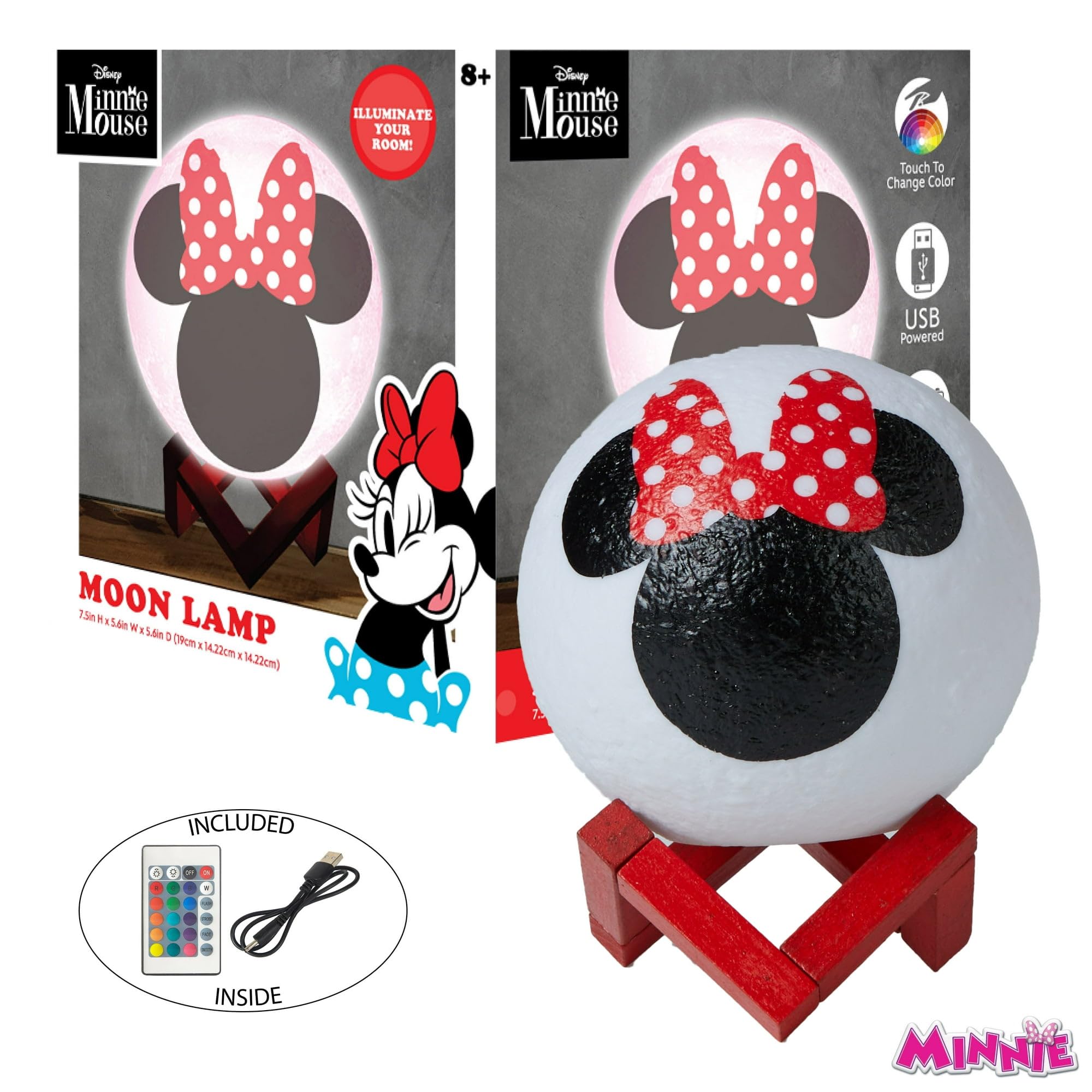 Idea Nuova Disney Minnie Mouse 6&quot; Led Color Changing Moon Light,Battery Or Usb Operated