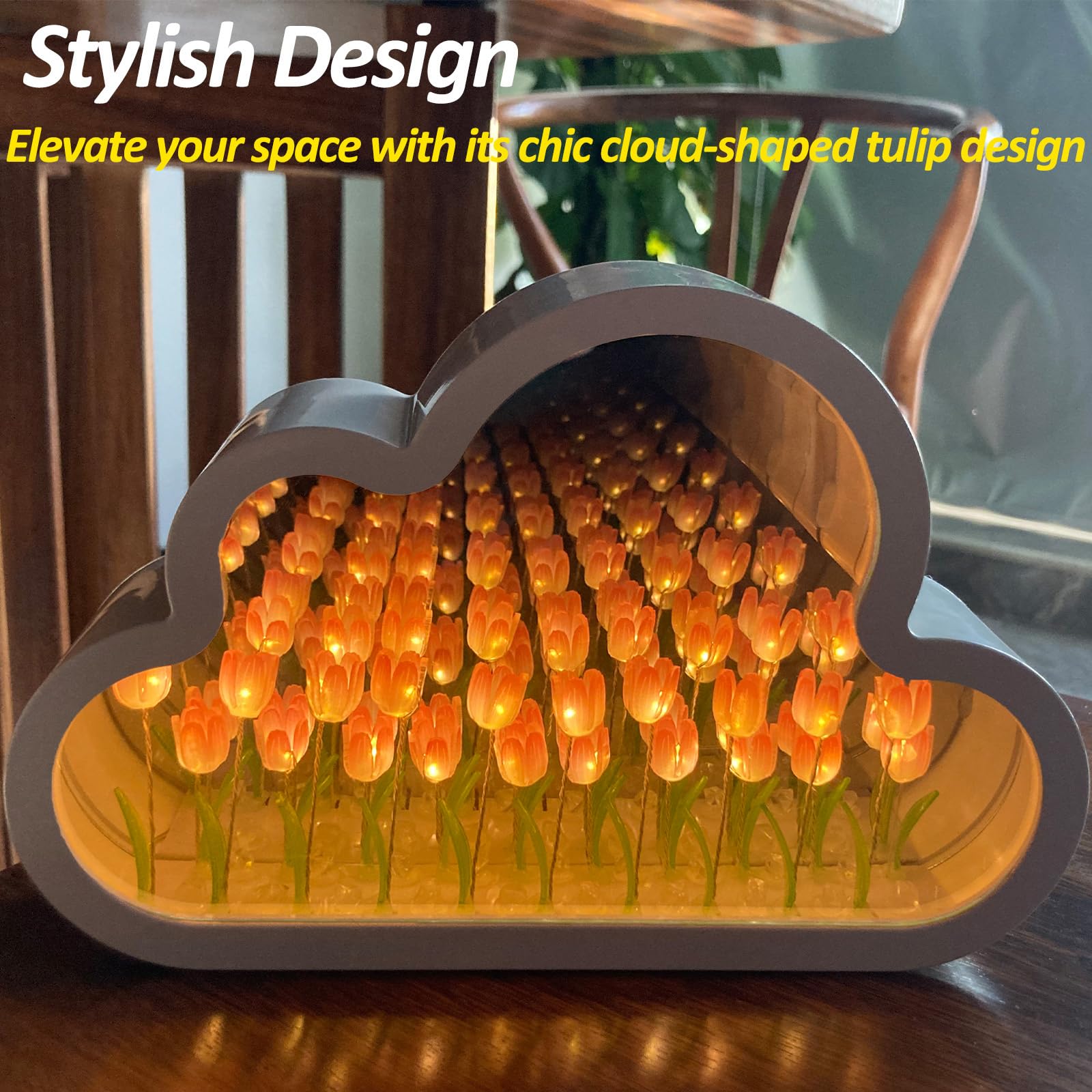 Joezhe Tulip Night Light Cloud Mirror Light Finished Product Decorative Night Lamp Bedside Table Lamp Bedroom Livingroom Destop Decor Handmade Craft Girls Birthday Christmas Gift - Pink