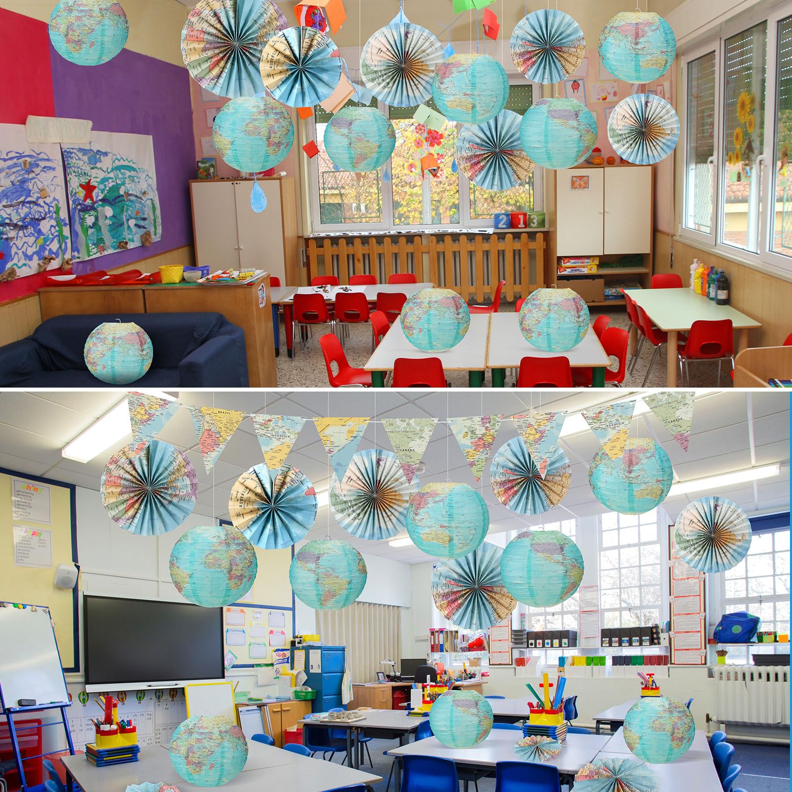 Tujoe 19 Pcs Map Classroom Decorations Travel Themed Party Decorations Globes Hanging Paper Lantern Fans Triangle Flags Banner For Home Earth Chinoiserie Theme Party(Green)