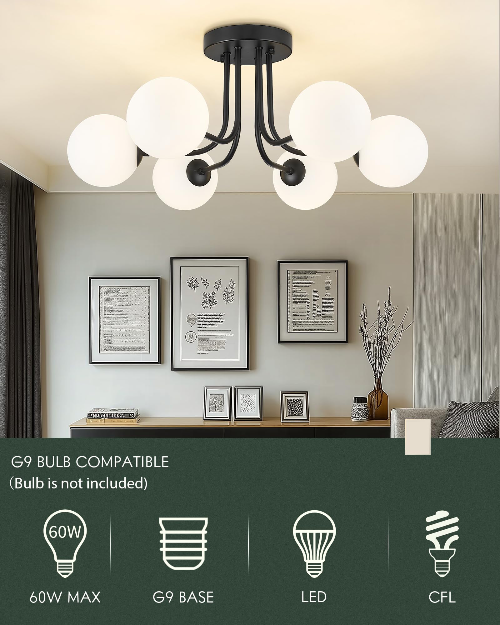 Cargifak Matte Black Semi Flush Mount Ceiling Light In Modern Farmhouse Design Features 6 Frosted Glass Shades, Ideal For The Li