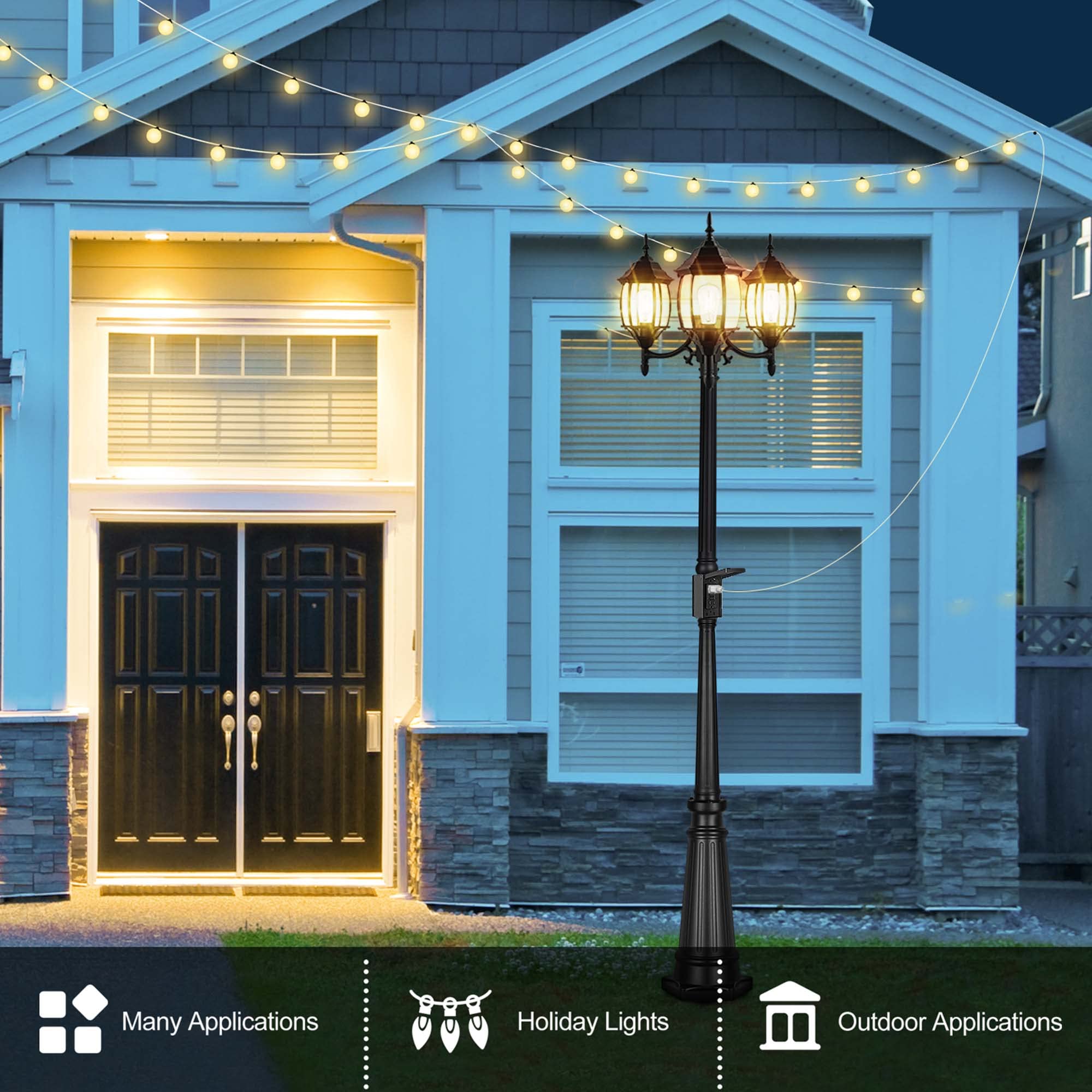 PARTPHONER Outdoor Lamp Post Light with GFCI Outlet, 3-Head, Black, Aluminum, Model PL004, 3 LED Bulbs Included