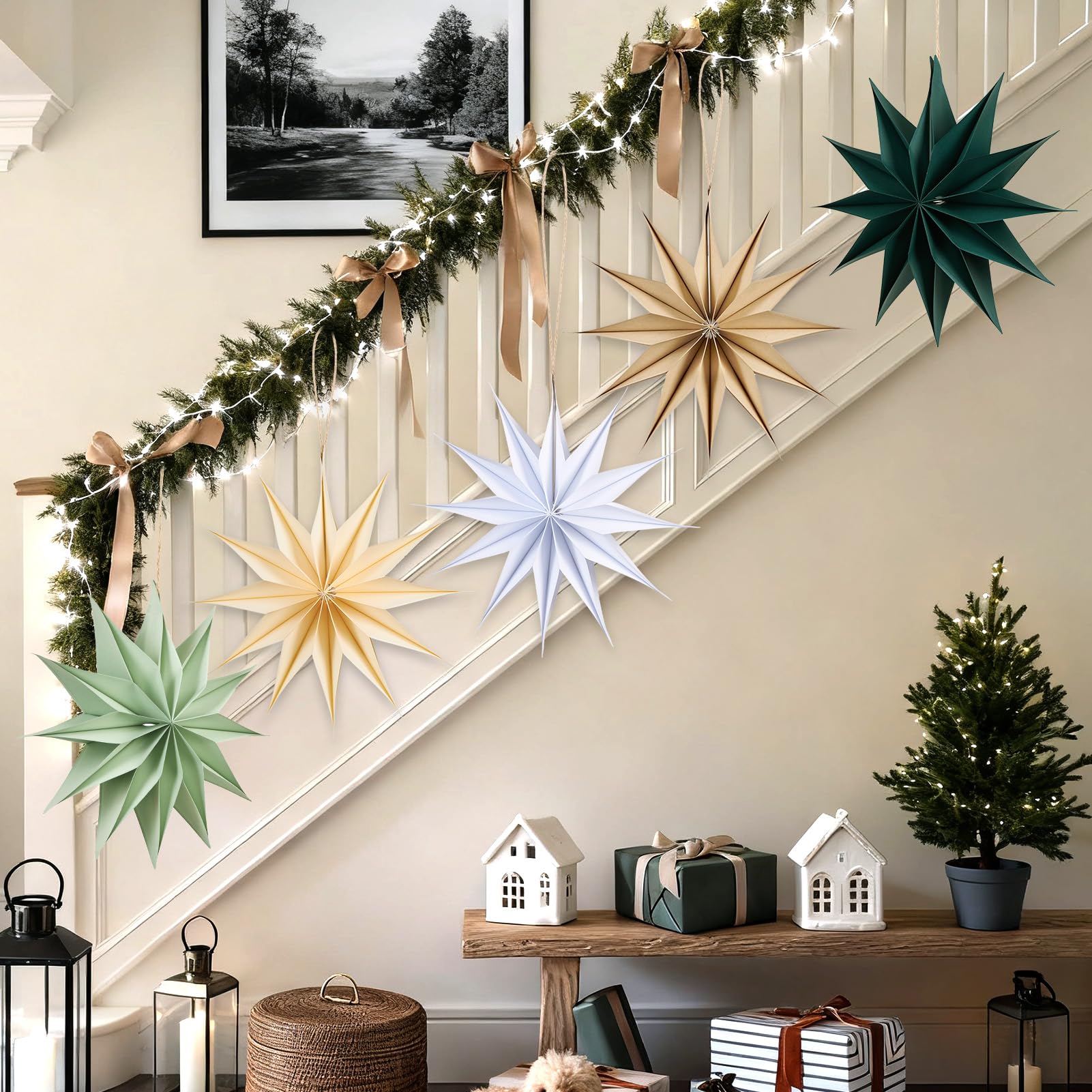Paper Jazz 12 Point Paper Star Lantern 5 Pcs Sage Green Christmas Ornaments With Paper Stars Large Vintage Christmas Wall Decor For Xmas New Year Baby Shower Wedding Spring Party.