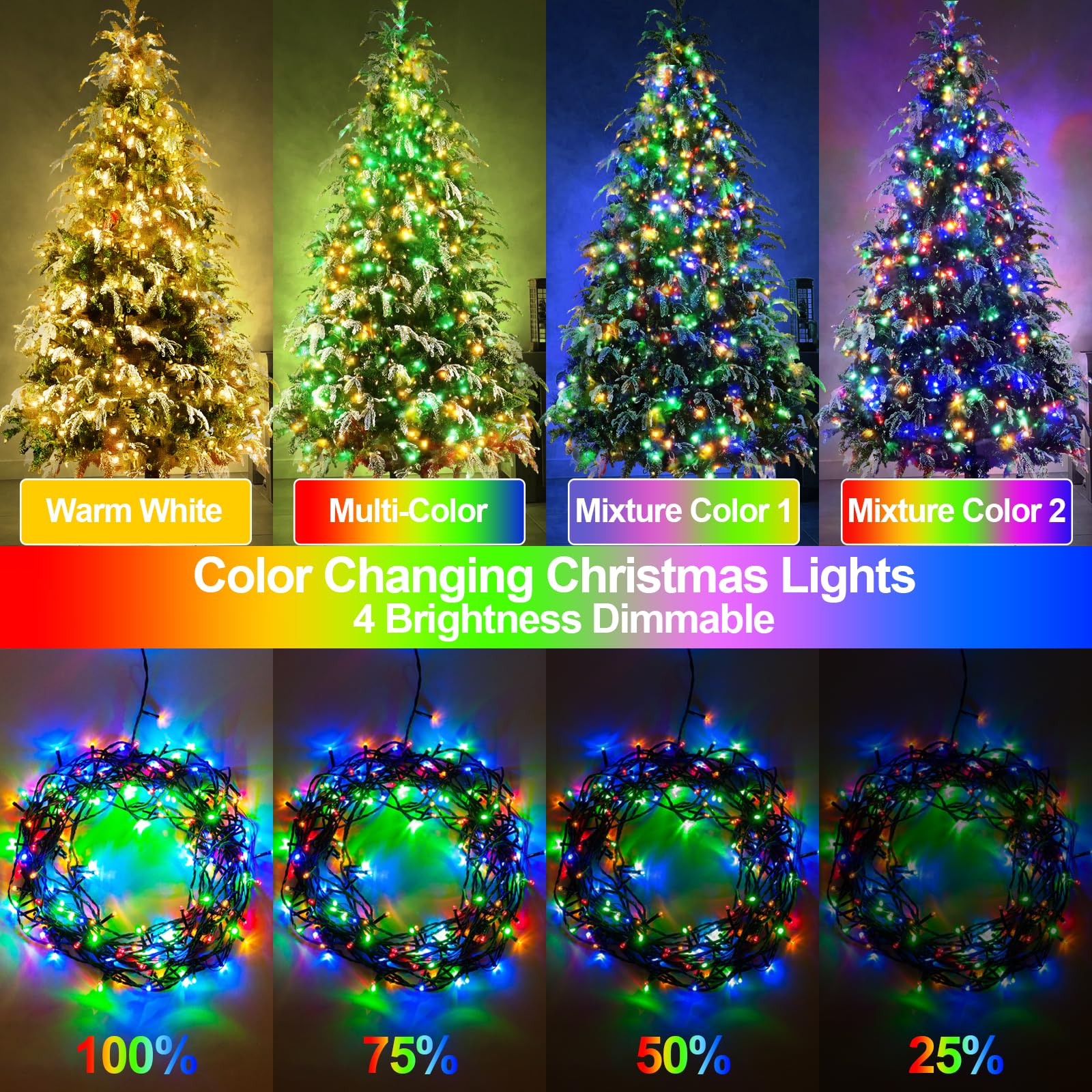 Roadayly 328Ft 720 Led Christmas Lights Color Changing String Lights Outdoor With 11 Modes For Xmas Tree Trunk Yard Porch Outdoo