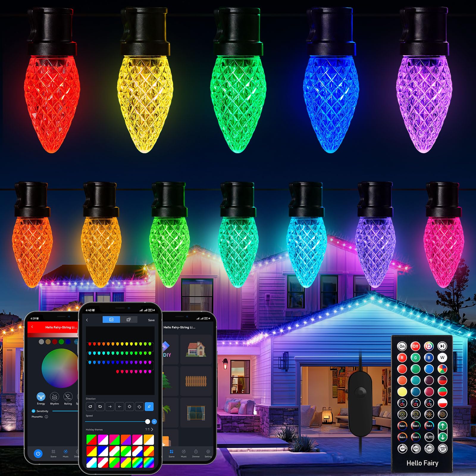 Brightown Smart C9 Christmas Lights Outdoor, 100 LED RGB C9 String Light with Remote, App Control, Music Sync, Connectable Water