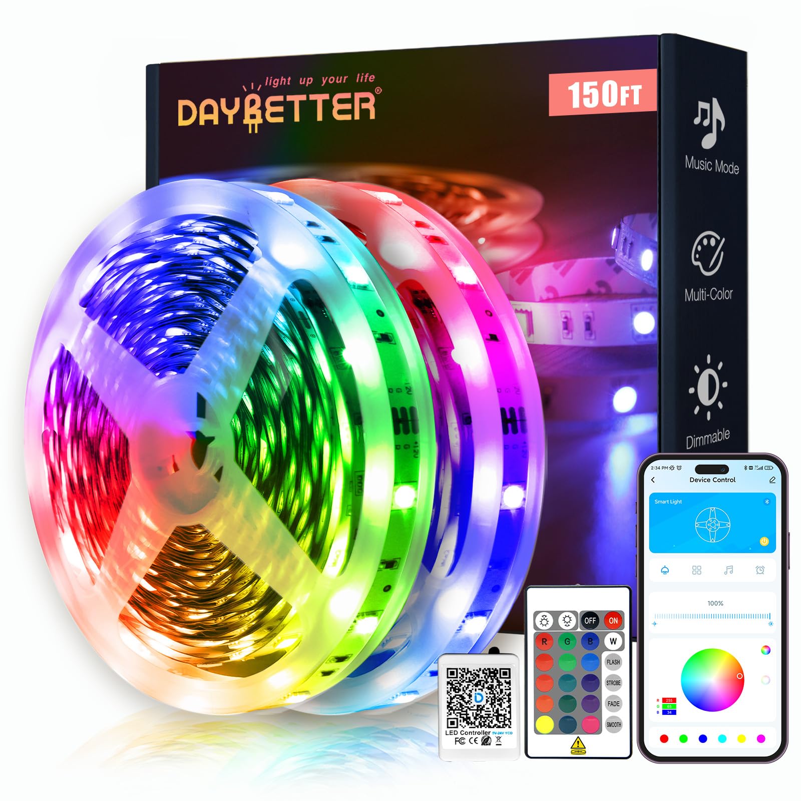 DAYGameTER Smart RGB Led Band Lights  150ft Led Lights for Bedroom with App Control  Multicolor Changing Led Light Bands Apply for Home Decor  Living Room  Kitchen  Home Party Decoration
