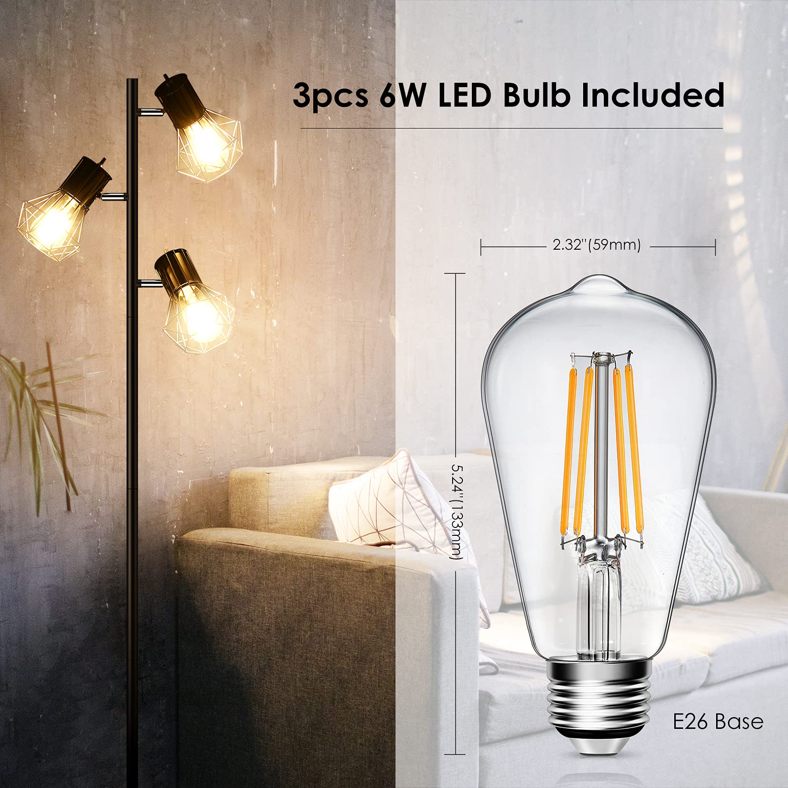 Industrial Floor Lamp, Standing Lamp, Farmhouse Tree Floor Lamp With 3Pcs 6W Edison Bulbs, Free Adjustable Cage Heads, Independe