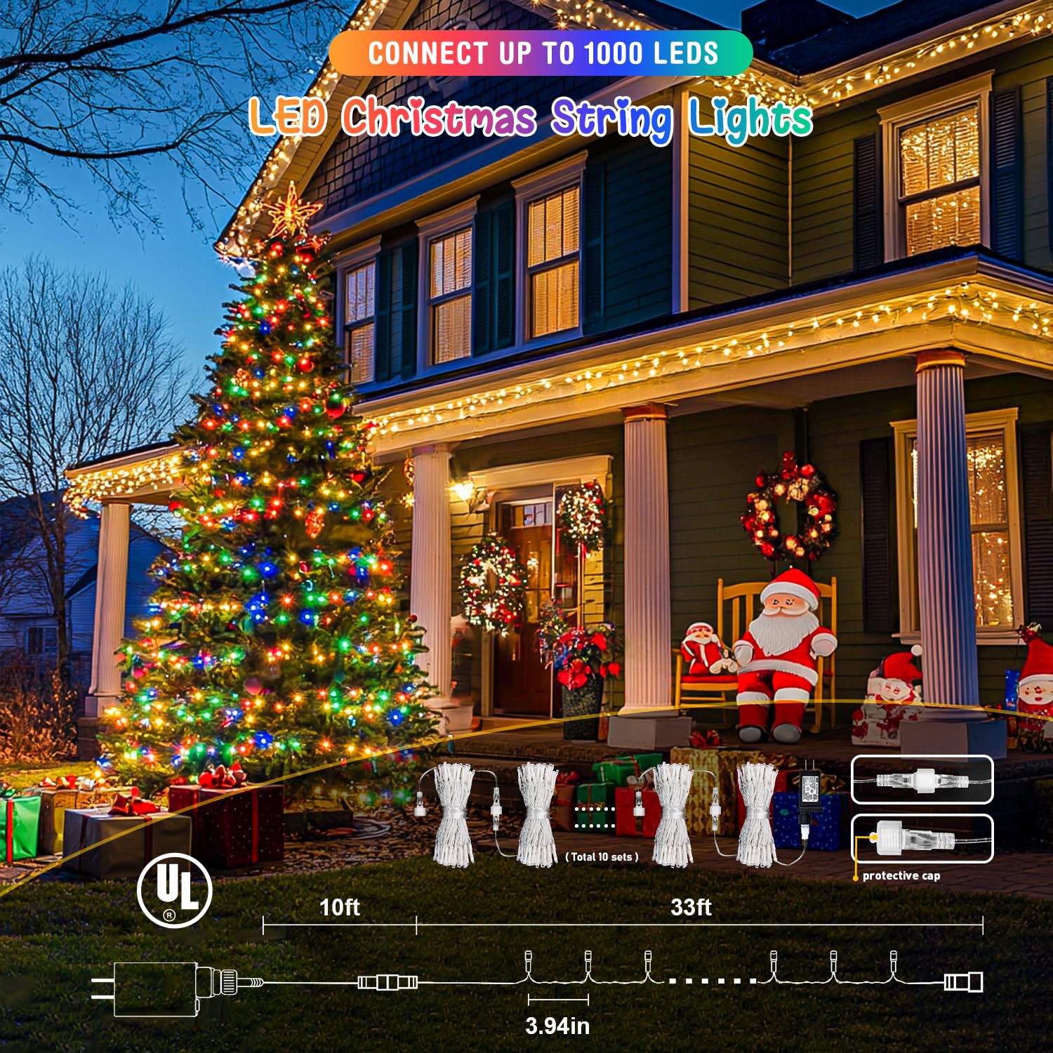 JMEXSUSS 2 Pack 100 LED Color Changing Christmas Lights, Connectable Warm White & Multicolor Christmas Lights Outdoor Waterproof