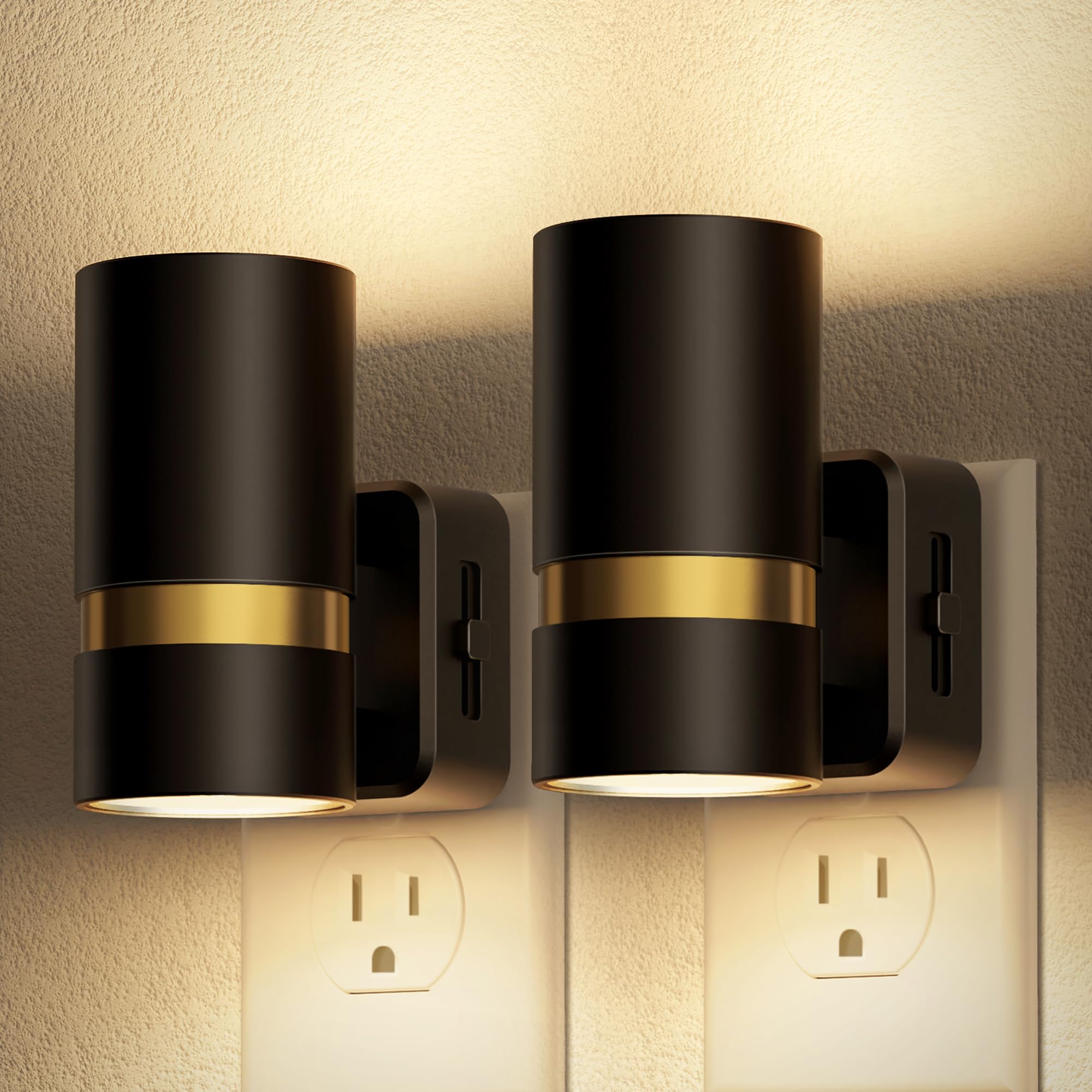 Fulighture Night Light Plug-in, Adjustable Brightness 0-100LM, Dusk to Dawn Sensor, Soft White, 2 Count, Black, Model GY136