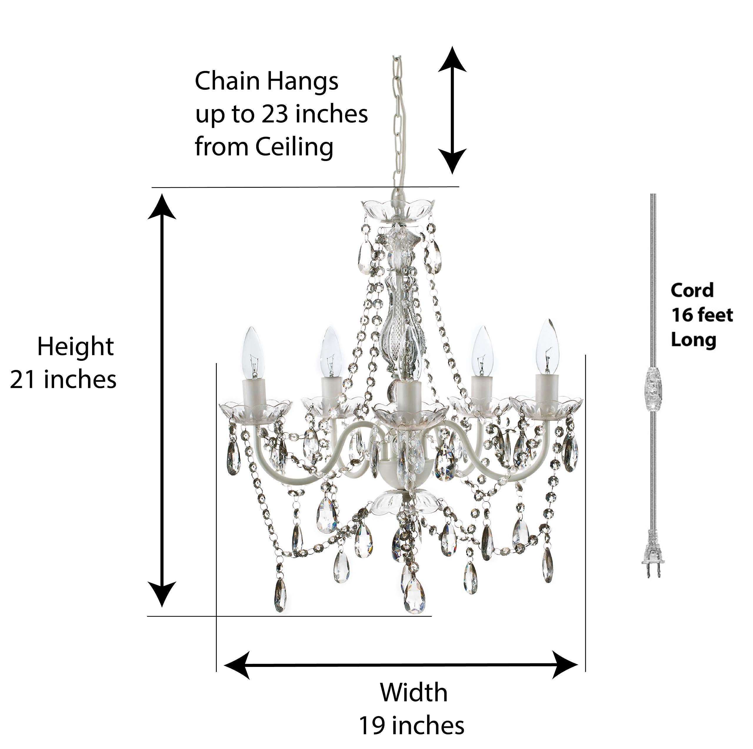 Gypsy Color Plug-In 5 Light Crystal White Chandelier, H21Xw19, Acrylic Crystals, Metal Frame, Model Gymdclp