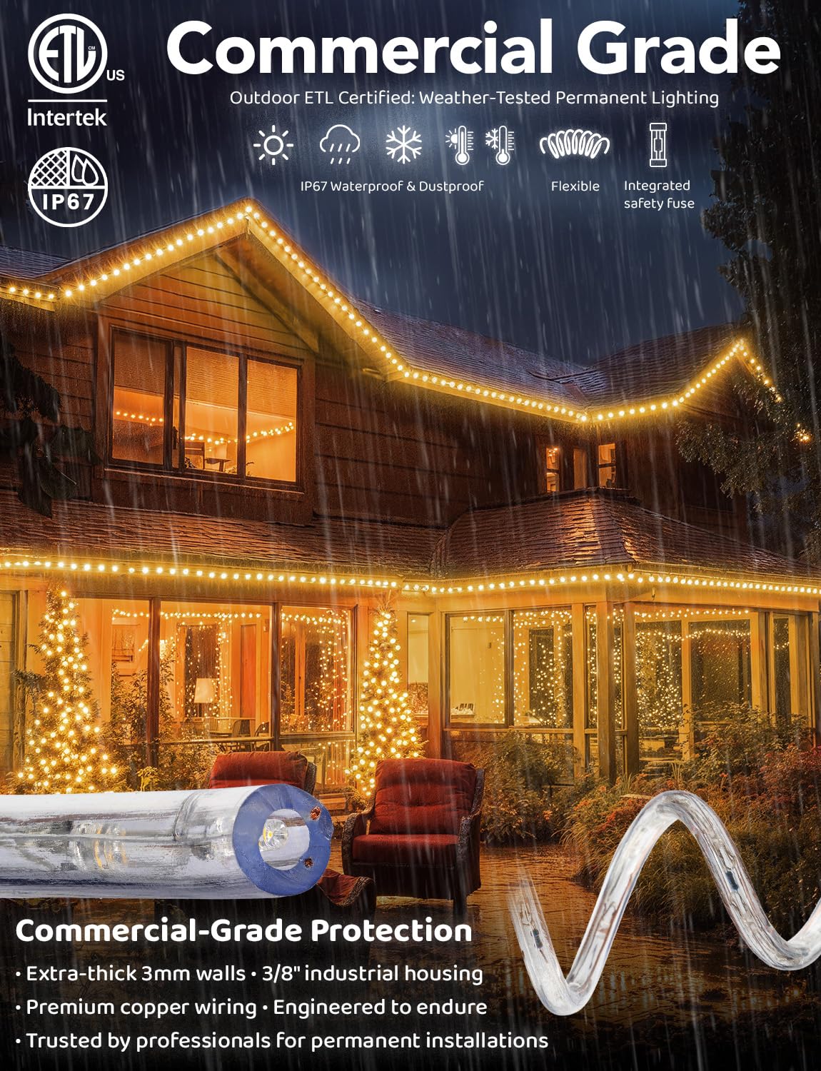 WYZworks LED Rope Lights, 150ft Waterproof Connectable, Warm White, Model HMM-LEDROPE-PRE-WMWHT-150, Outdoor Decorative Lighting